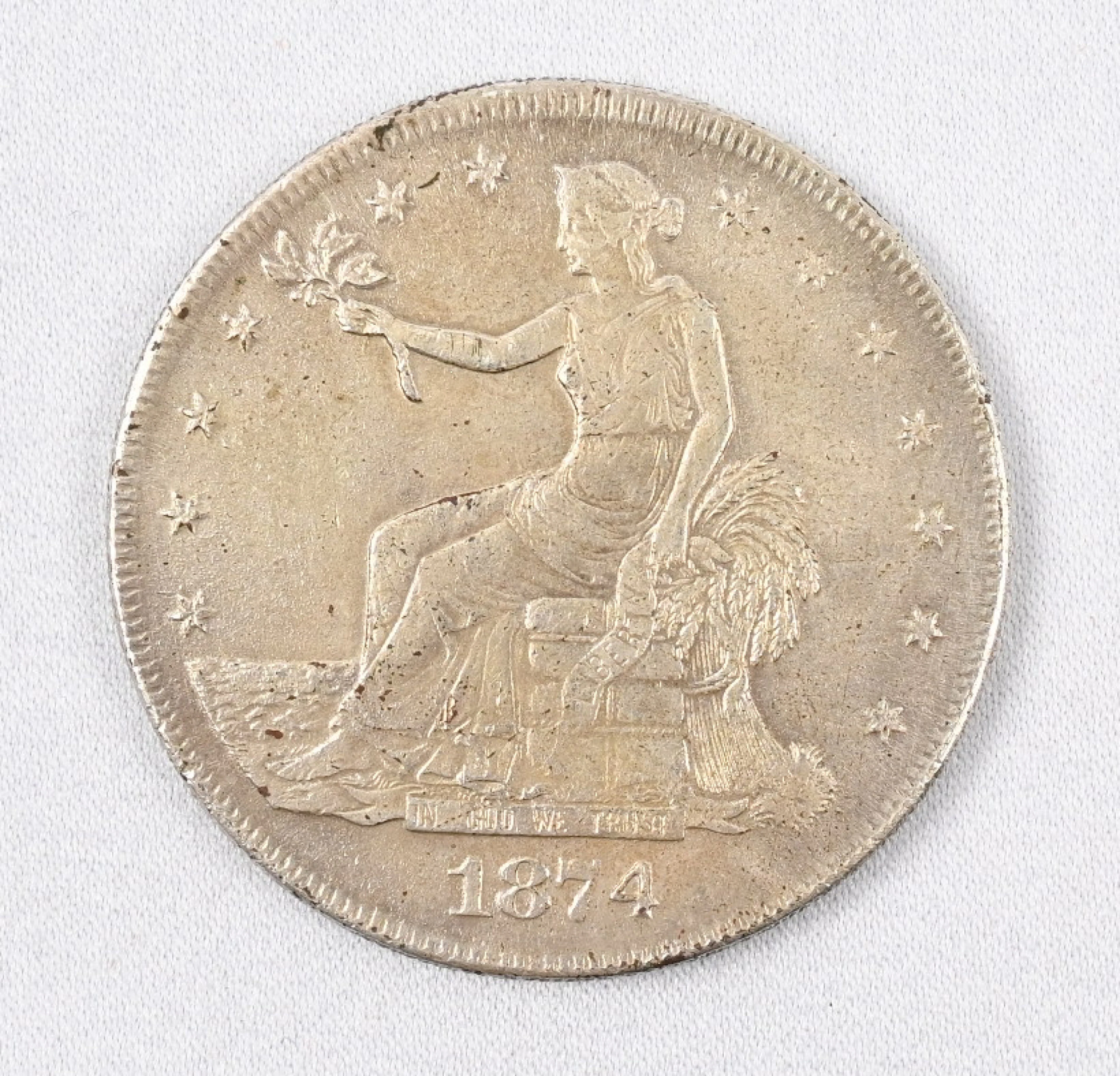 USA 1874 S 1 dollar silver. Slightly dented and worn, but rare.