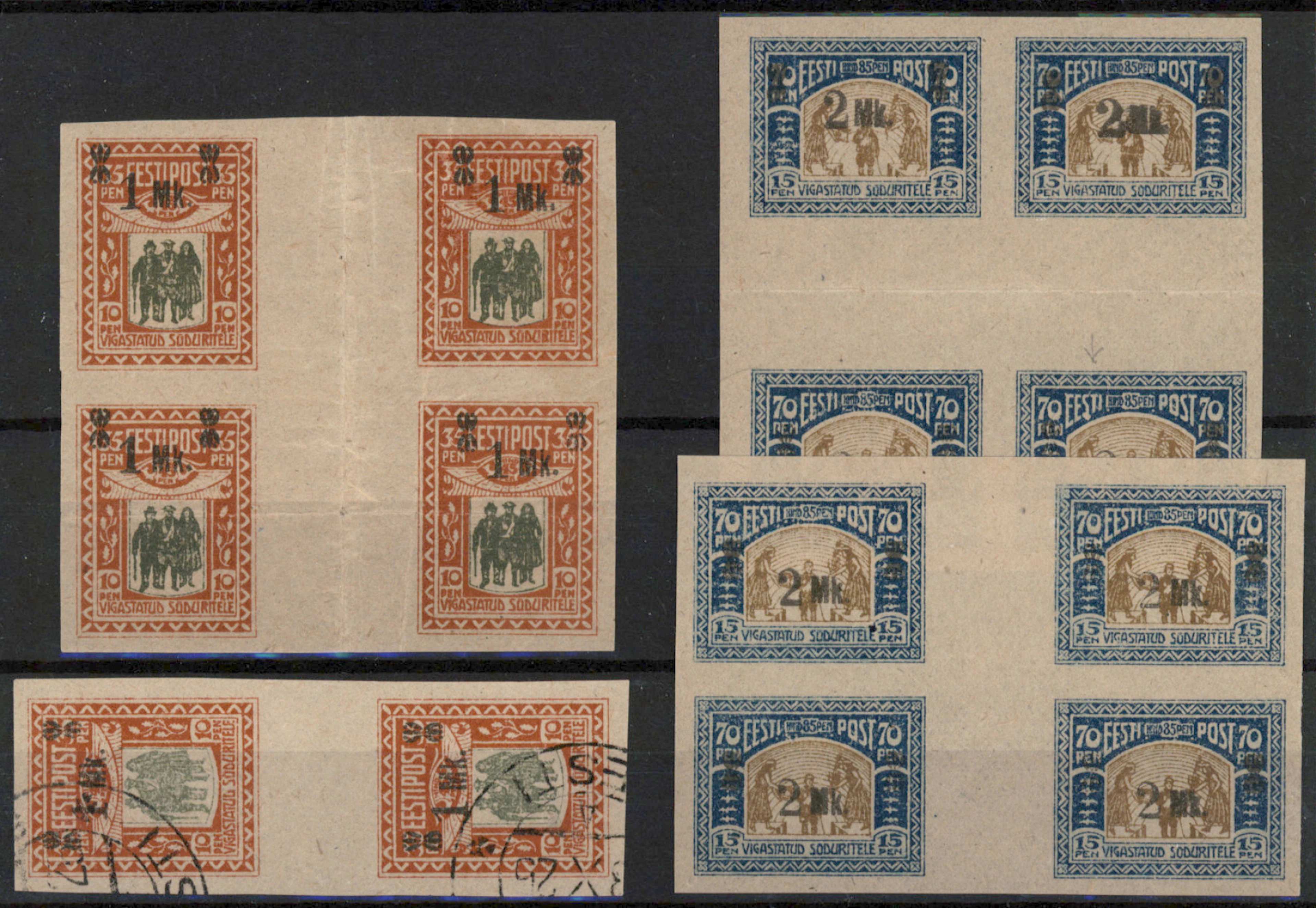 1920 Invalids Mi 25-26, four */o gutter pairs / blocks of four. Creases