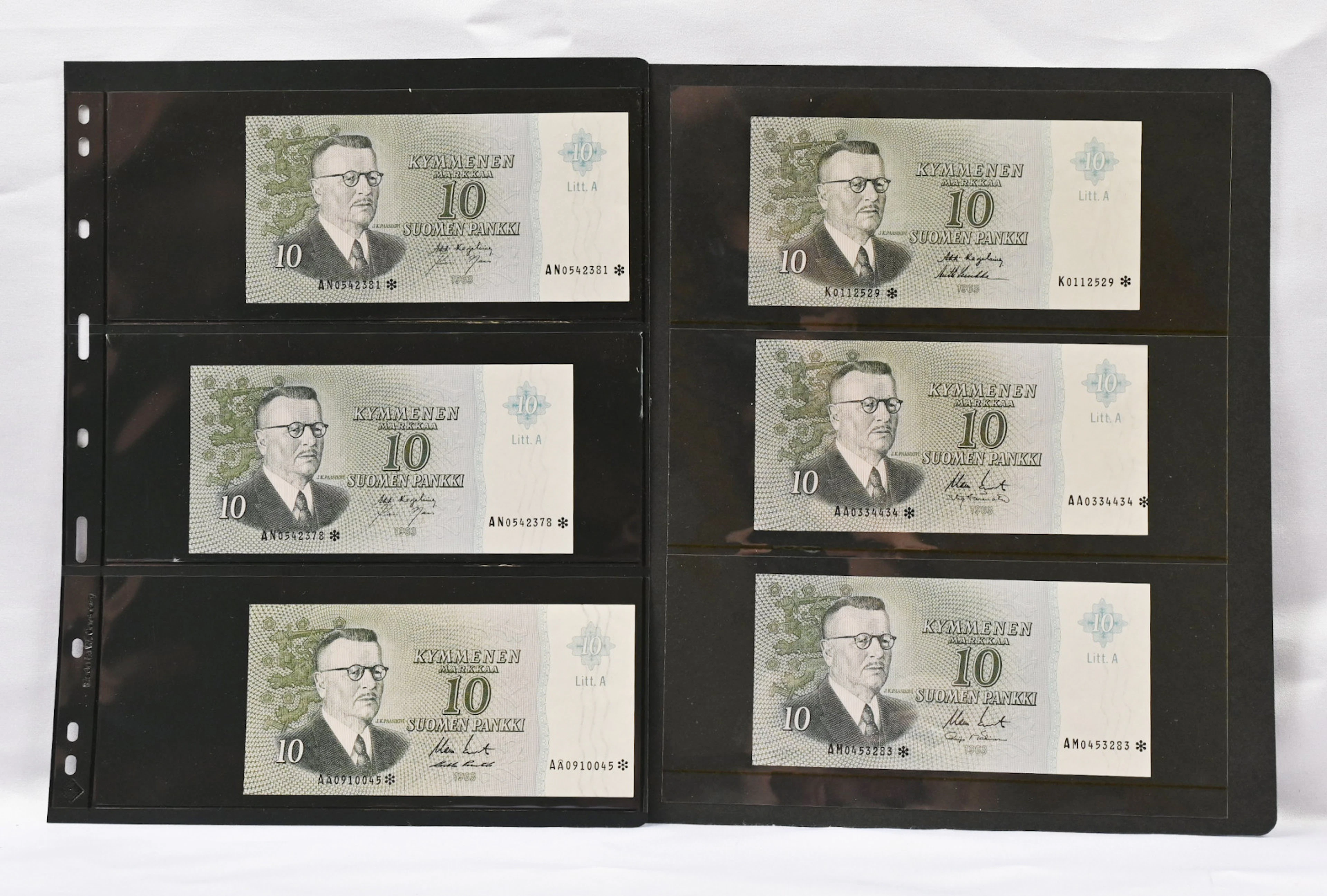 Selection of replacement banknotes 1963 10 markka Litt.A series K*