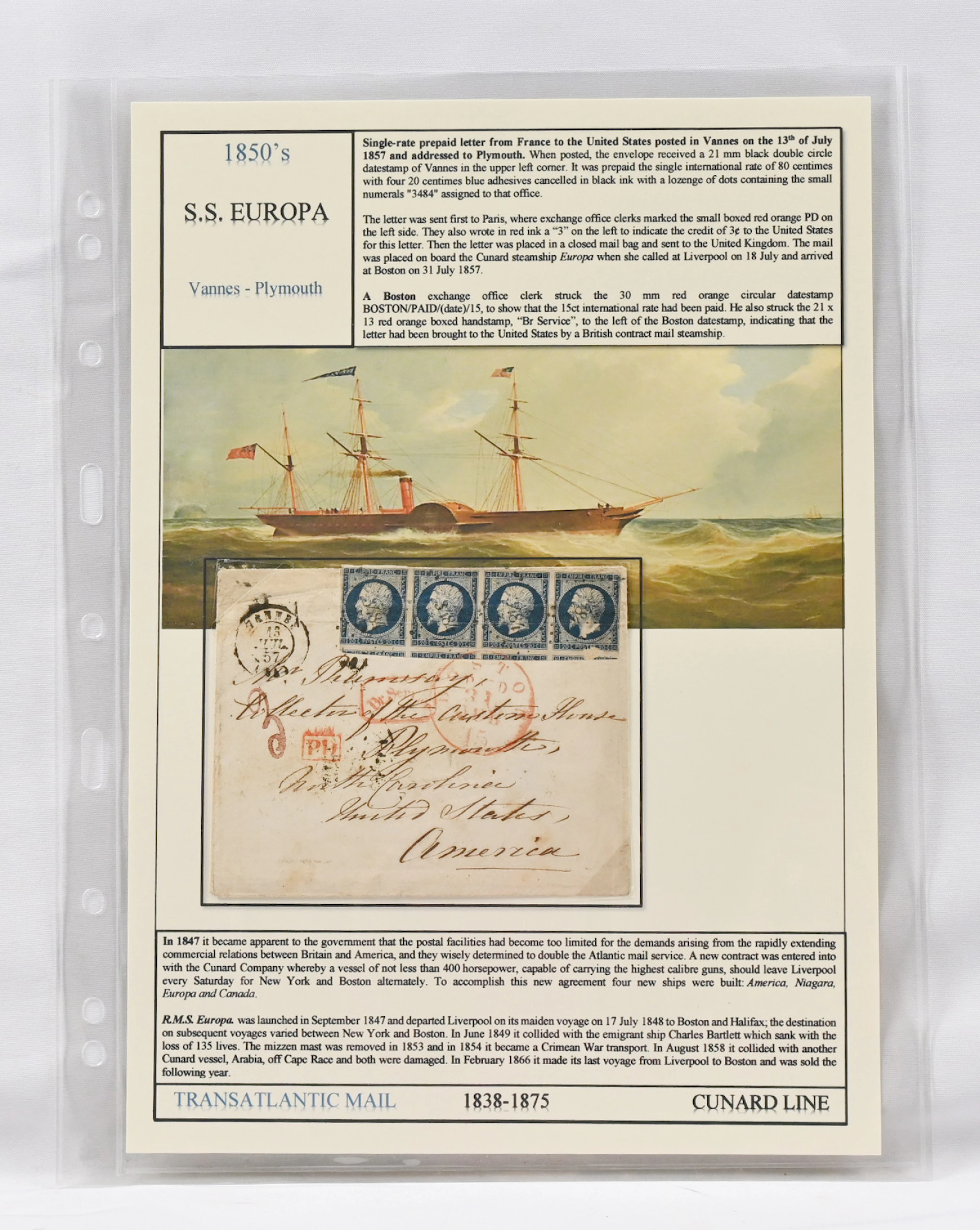 1857 letter from Vannes to United States, franked with an imperforate