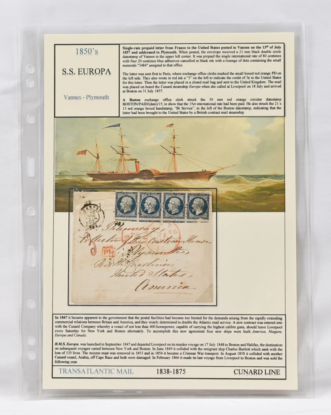 1857 letter from Vannes to United States, franked with an imperforate