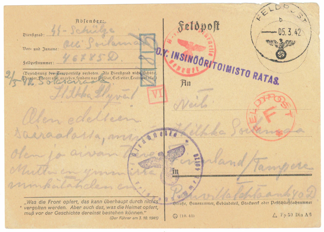 SS volunteer mail: Feldpost card from a man in the battalion to Finland