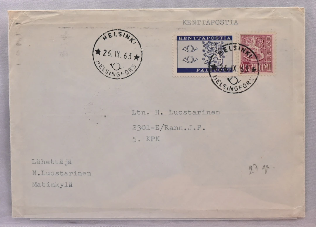 1963 field post stamp on a cover with an additional 25 penni stamp