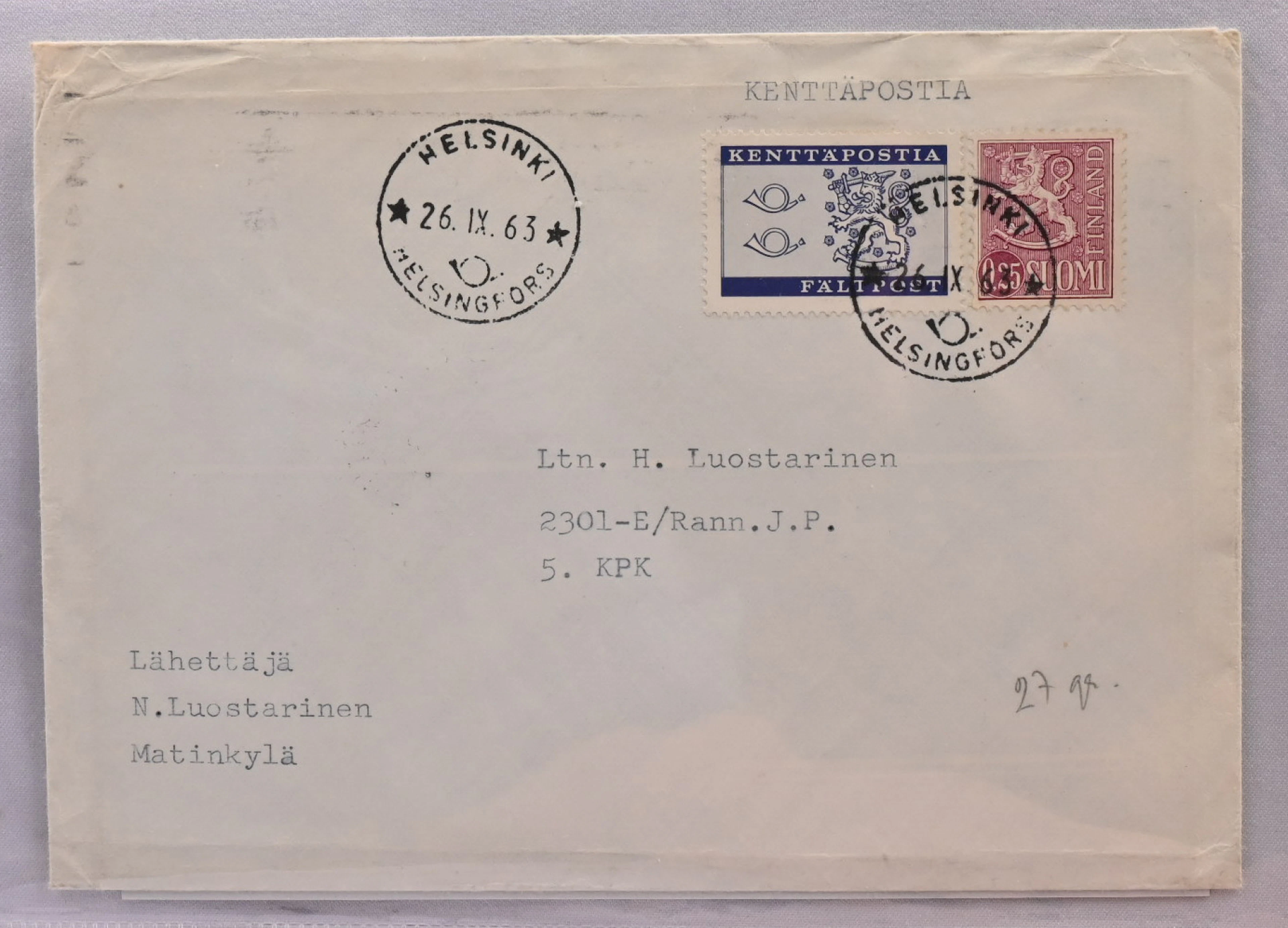 1963 field post stamp on a cover with an additional 25 penni stamp