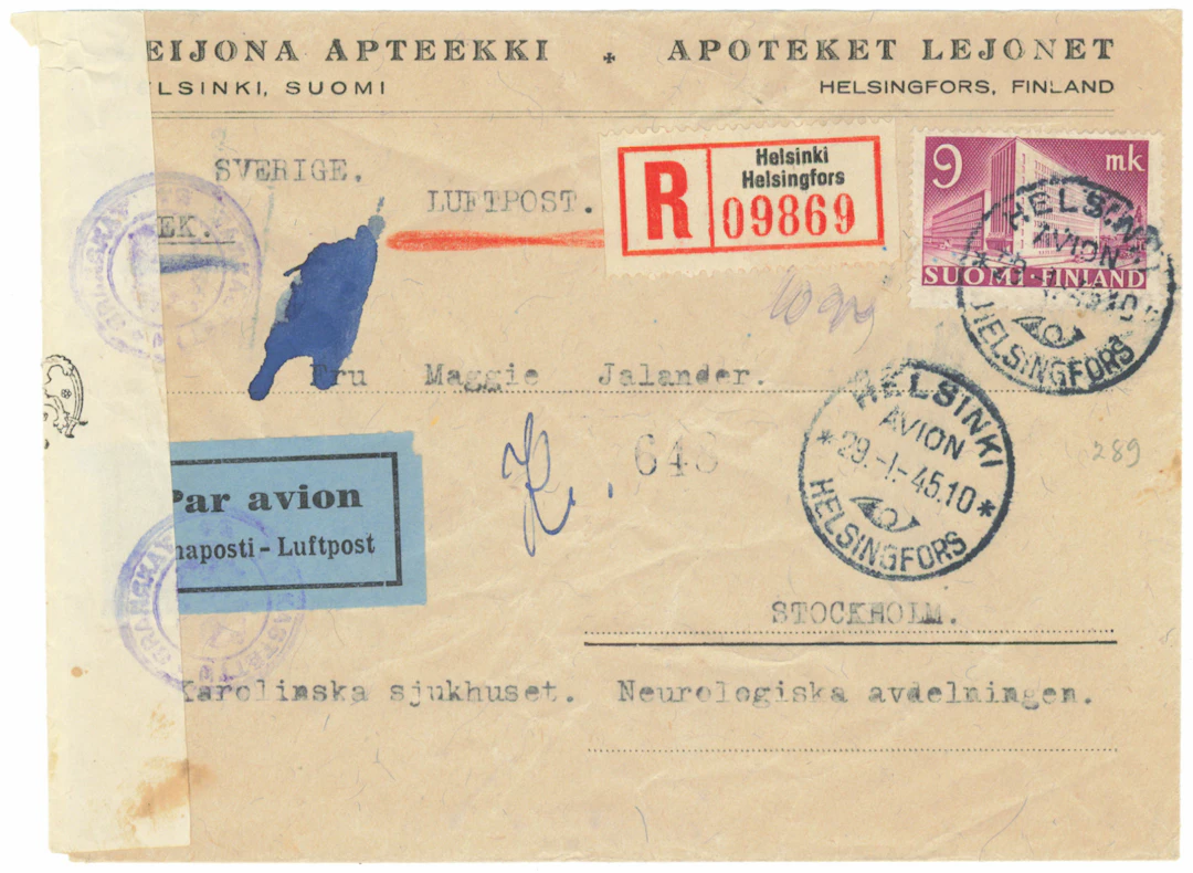 9 markka Post office single franking on a registered airmail cover