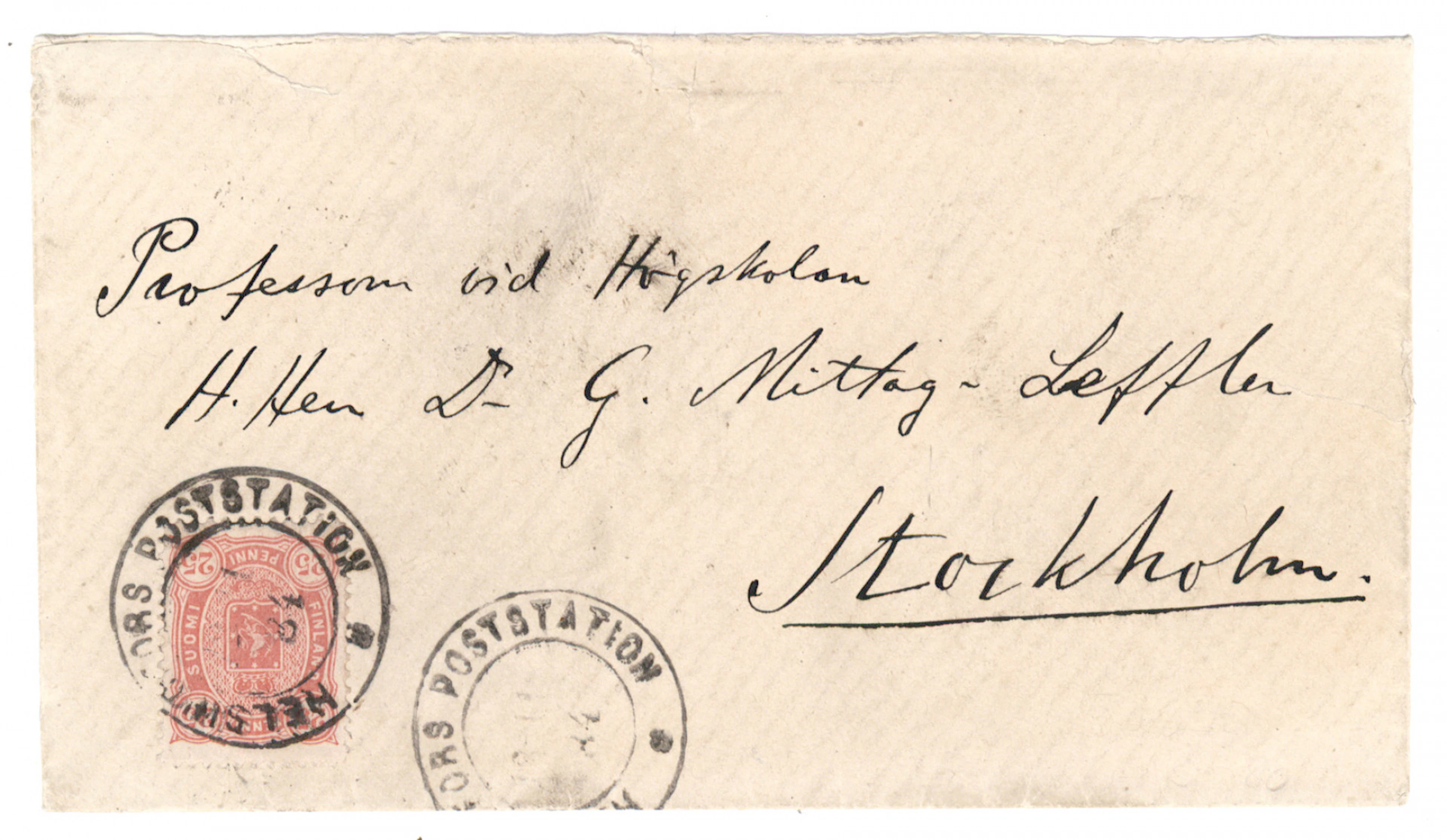 25 penni light aniline-red on a cover to Sweden, Helsingfors Poststation