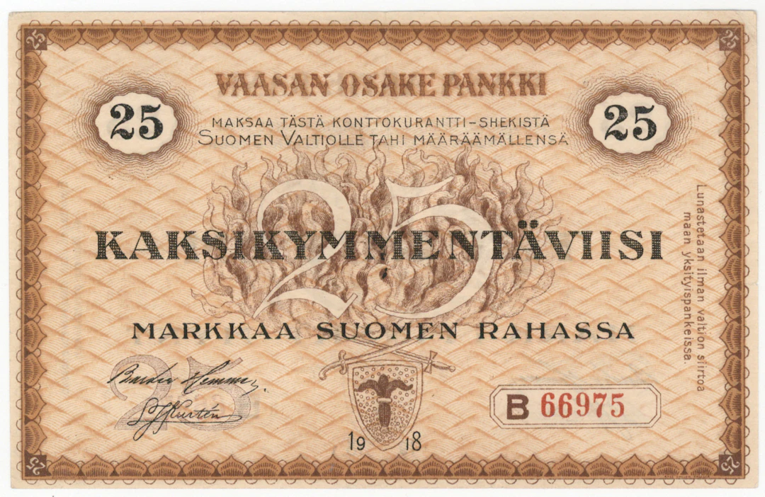 Vaasan Osake Pankki 1918 25 markka B, kl 1+