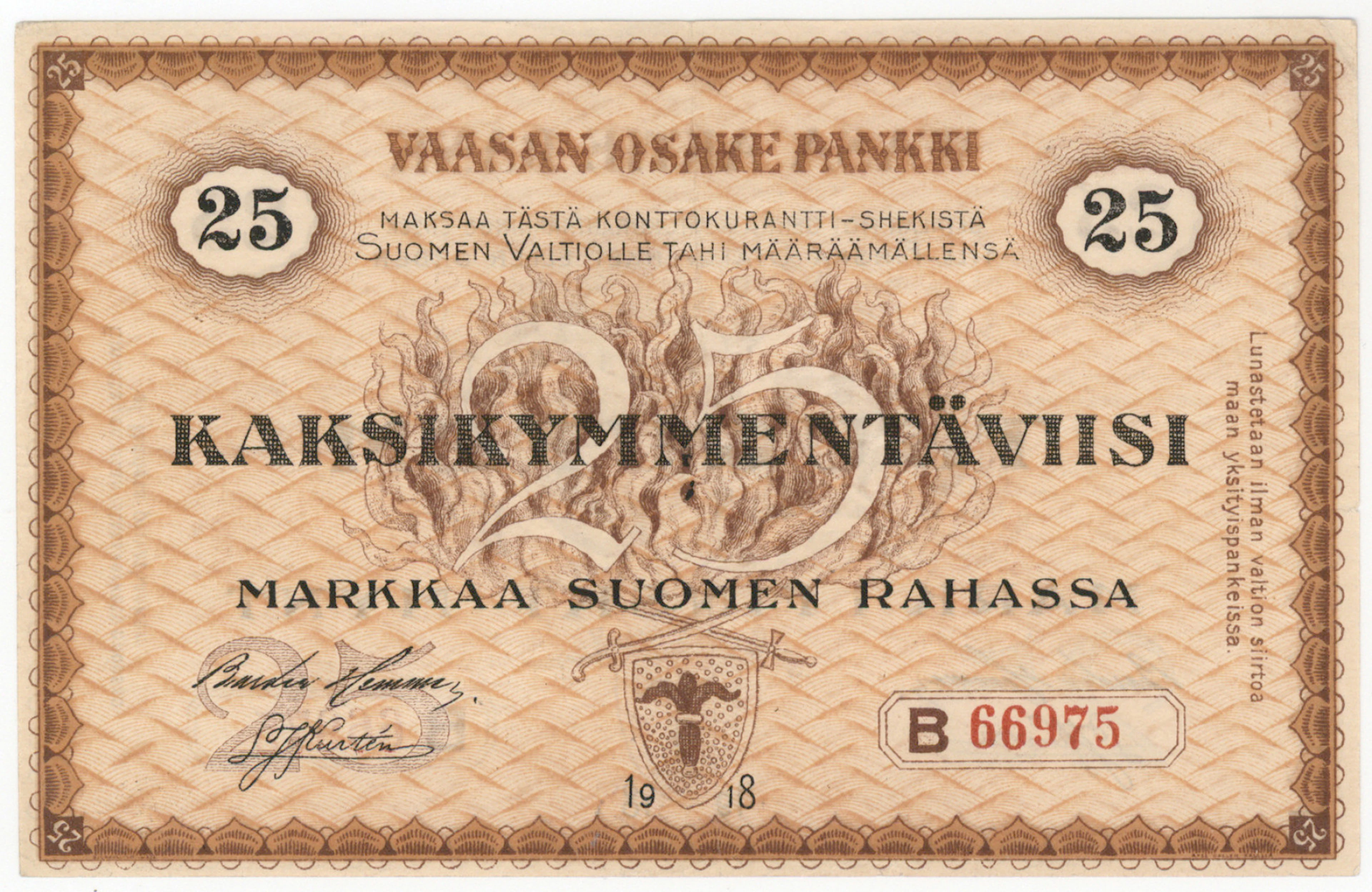 Vaasan Osake Pankki 1918 25 markka B, kl 1+