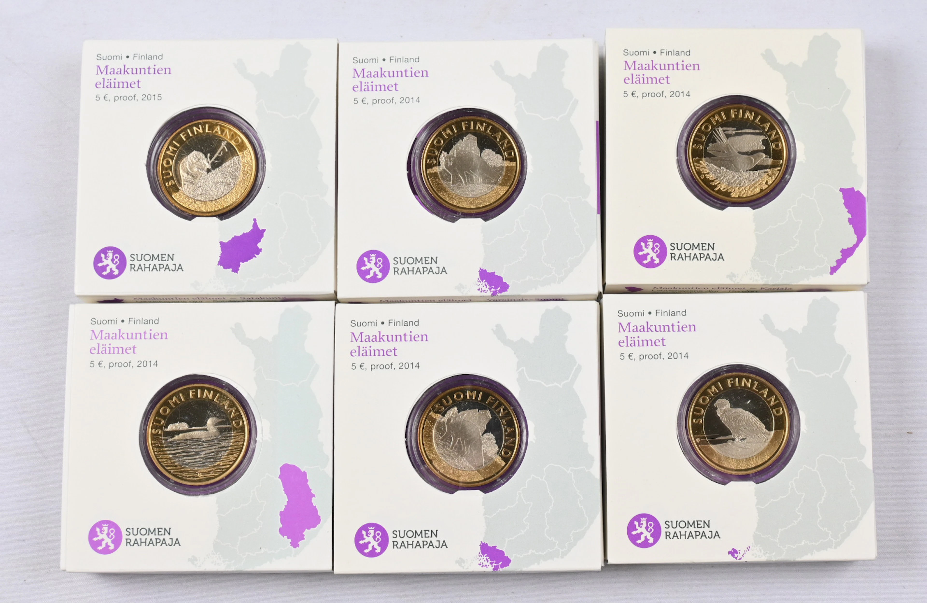 2014 - 15 Provincial animals 5€ proof coins, six different!