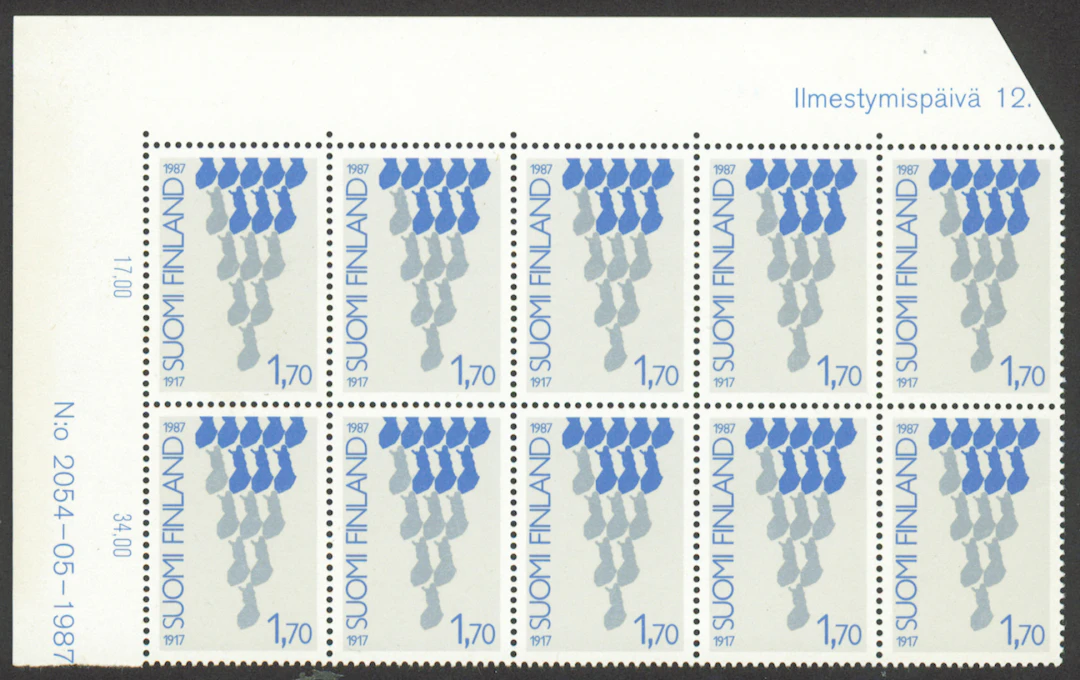 1987 Independence 1.70 markka block of 10 from sheet corner. Gum on