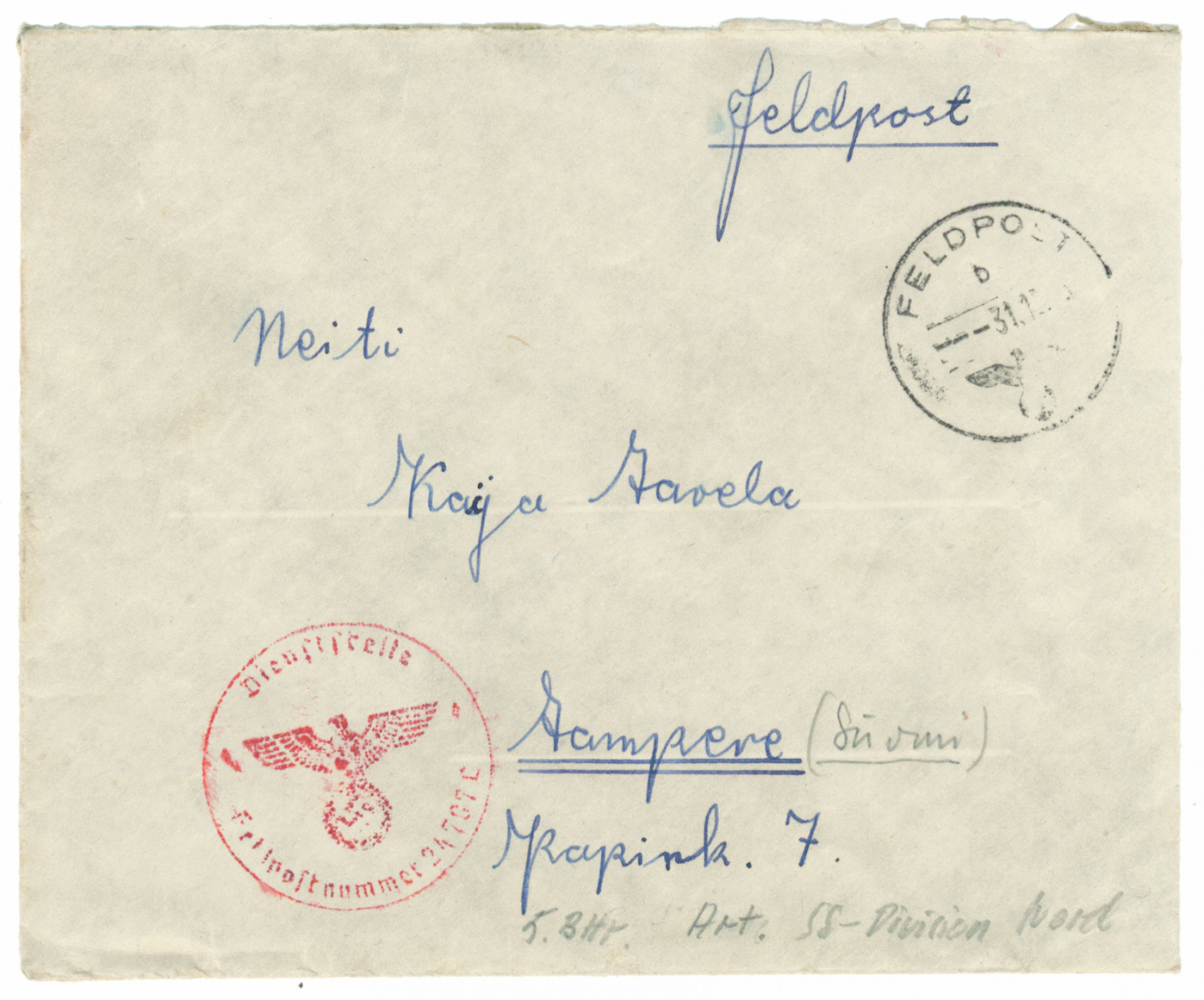 German field post in Finland: field post letter from the SS Artillery