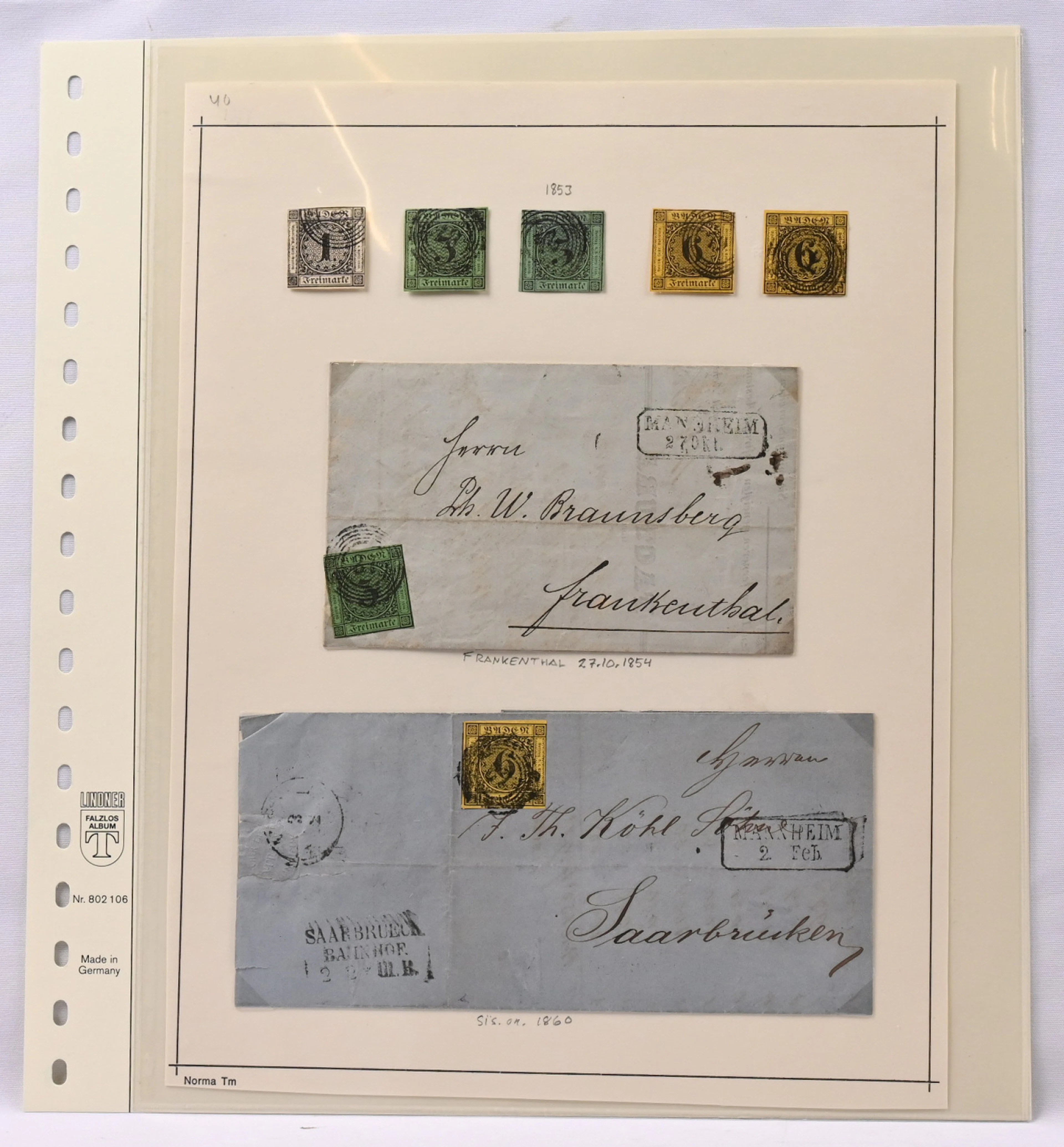 Baden 1851 - 1868 collection on four collection pages, nearly 50 stamps