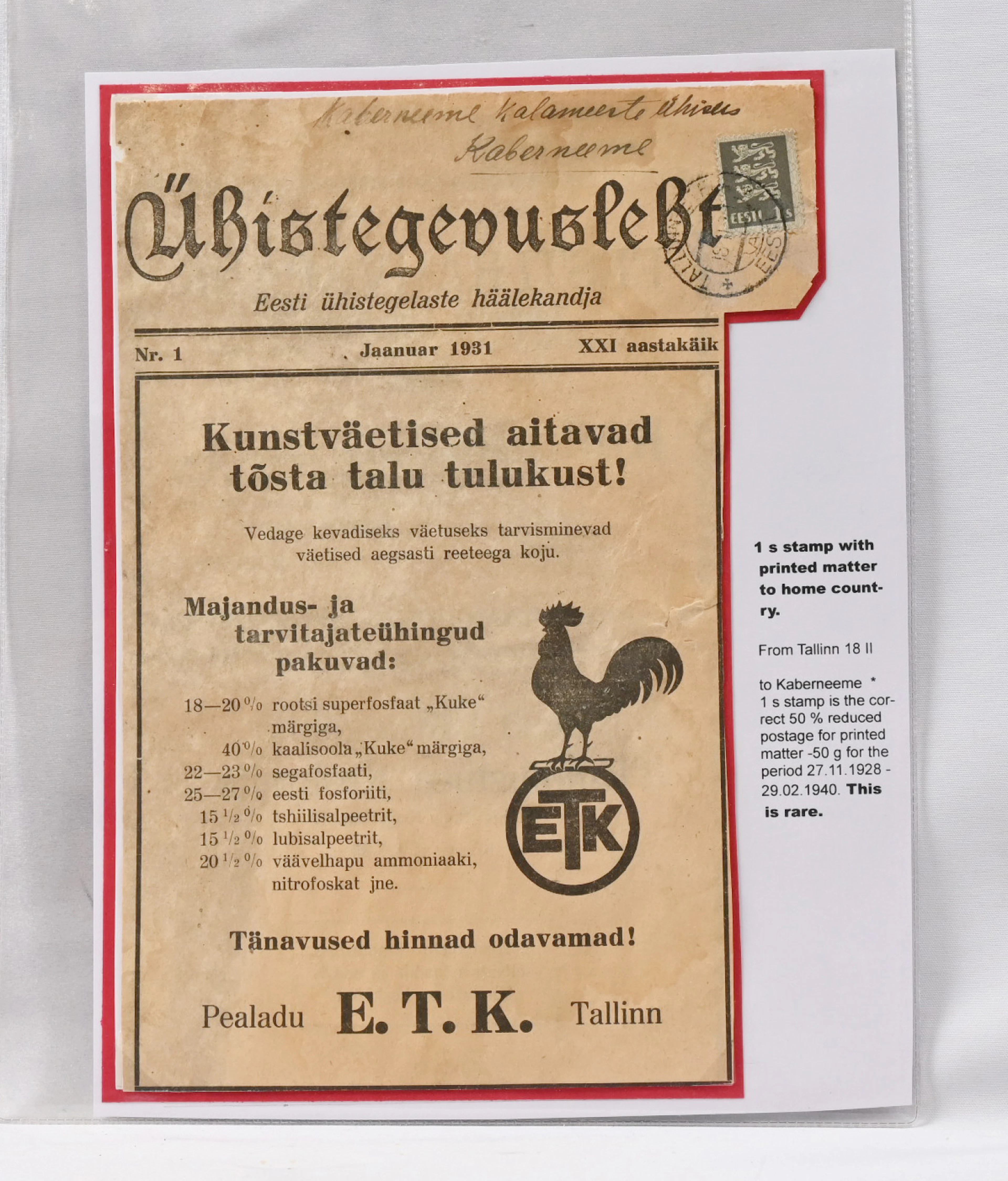 1928 Coat of Arms 1 sent Mi 74 on a newspaper (front page) Tallinn