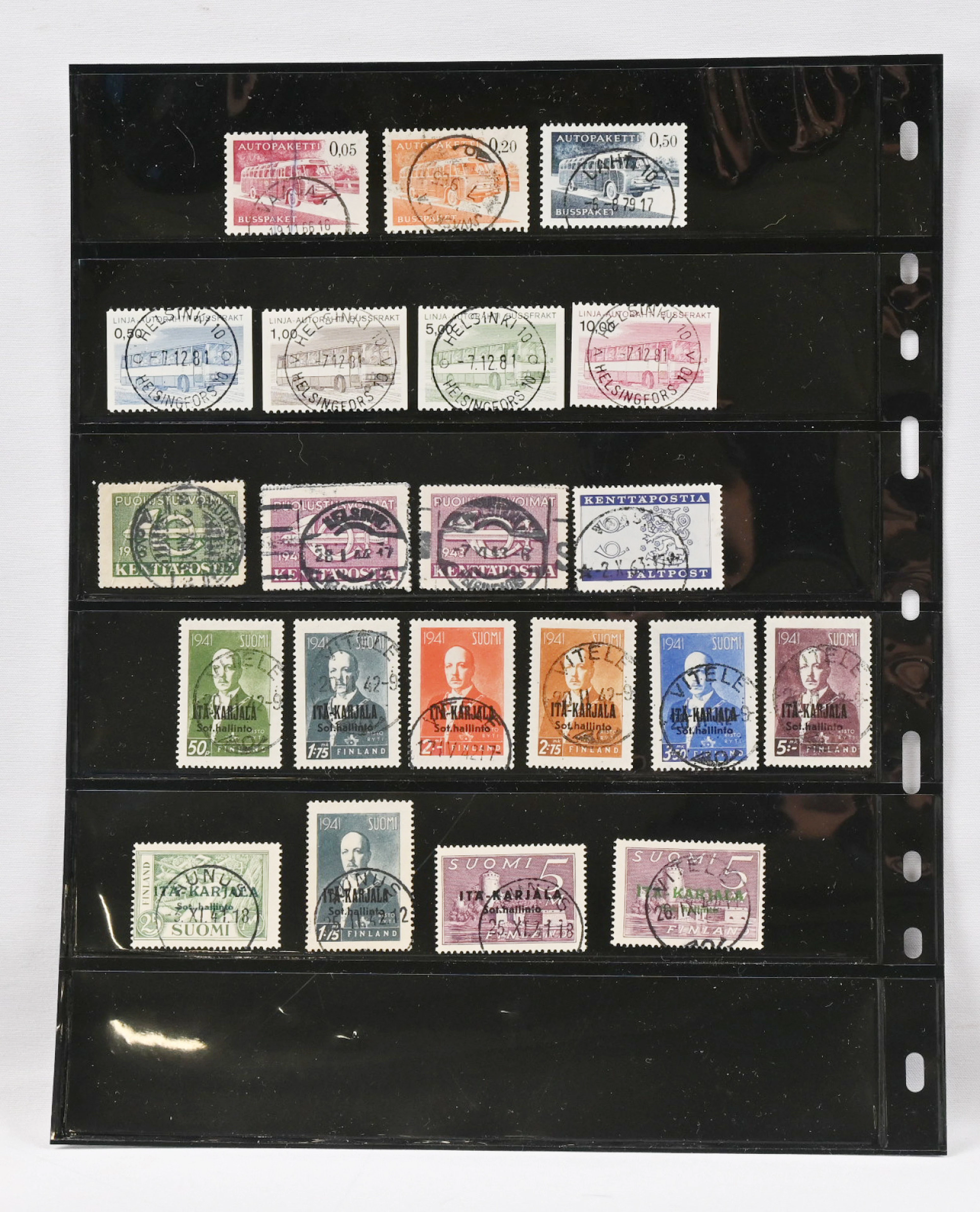 Side area stamps with fine cancellations, eg. East Karelia and bus