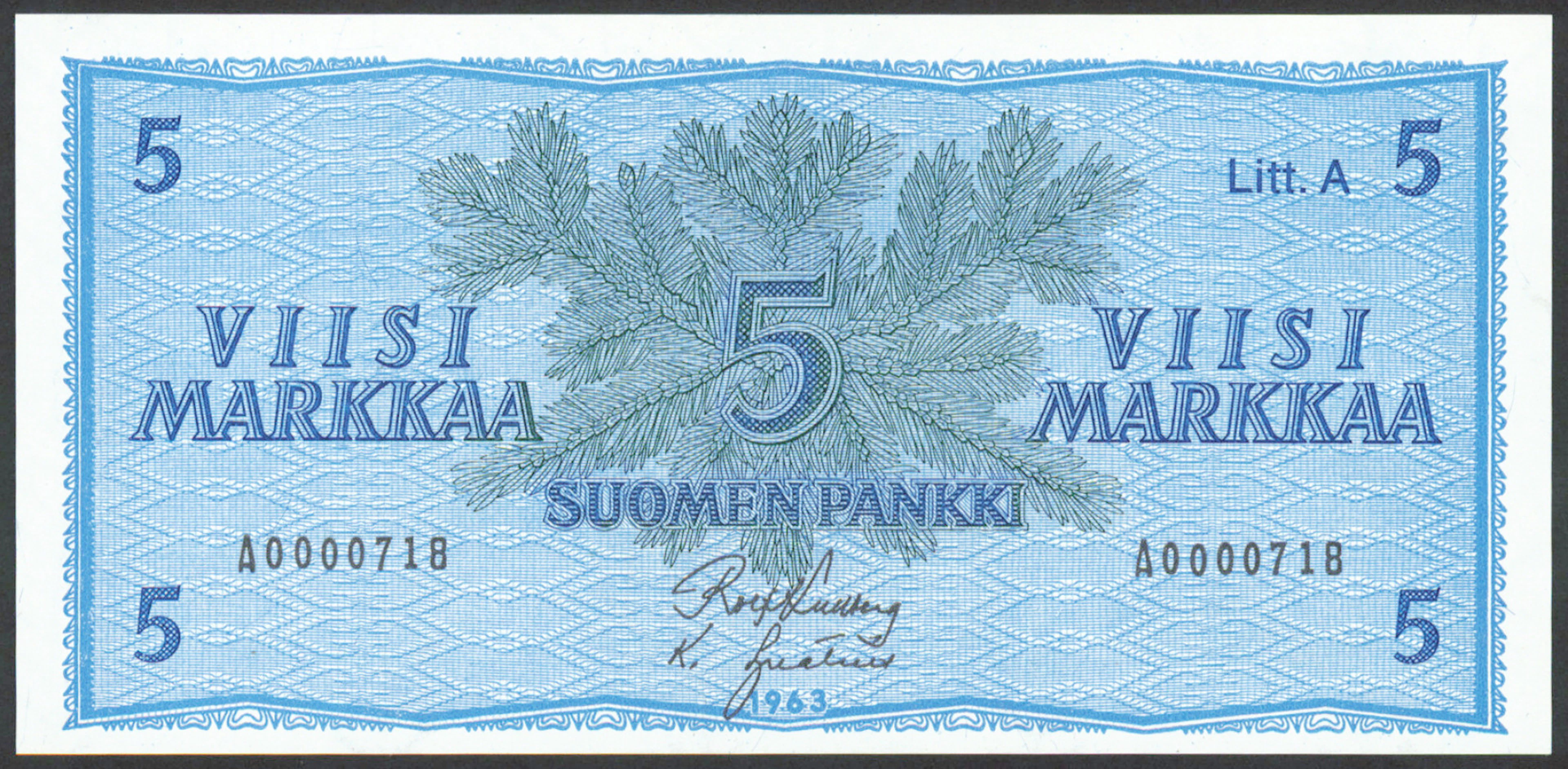 1963 5 markka Litt. A serial number A0000718, condition 0-
