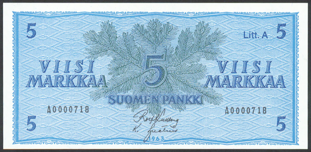 1963 5 markka Litt. A serial number A0000718, condition 0-