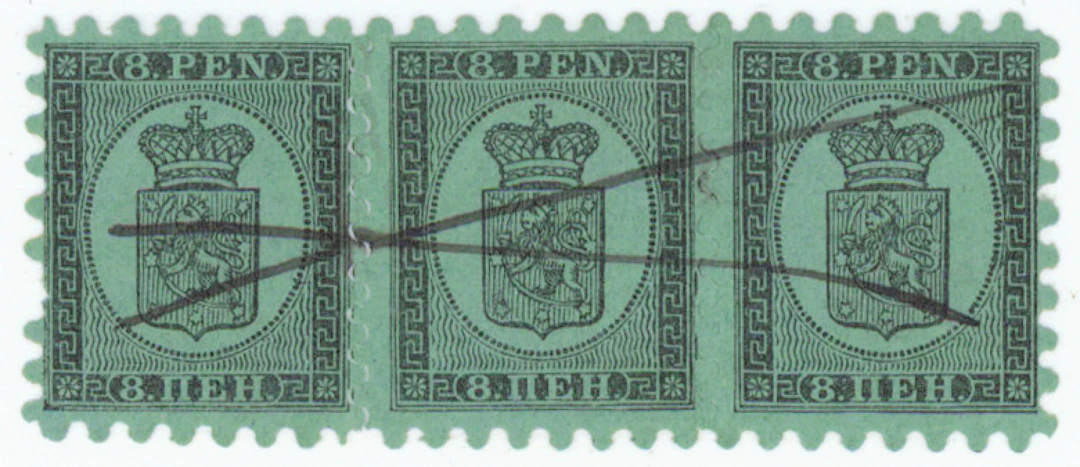 8 penni I yellow-green ordinary paper, strip of three, plate positions