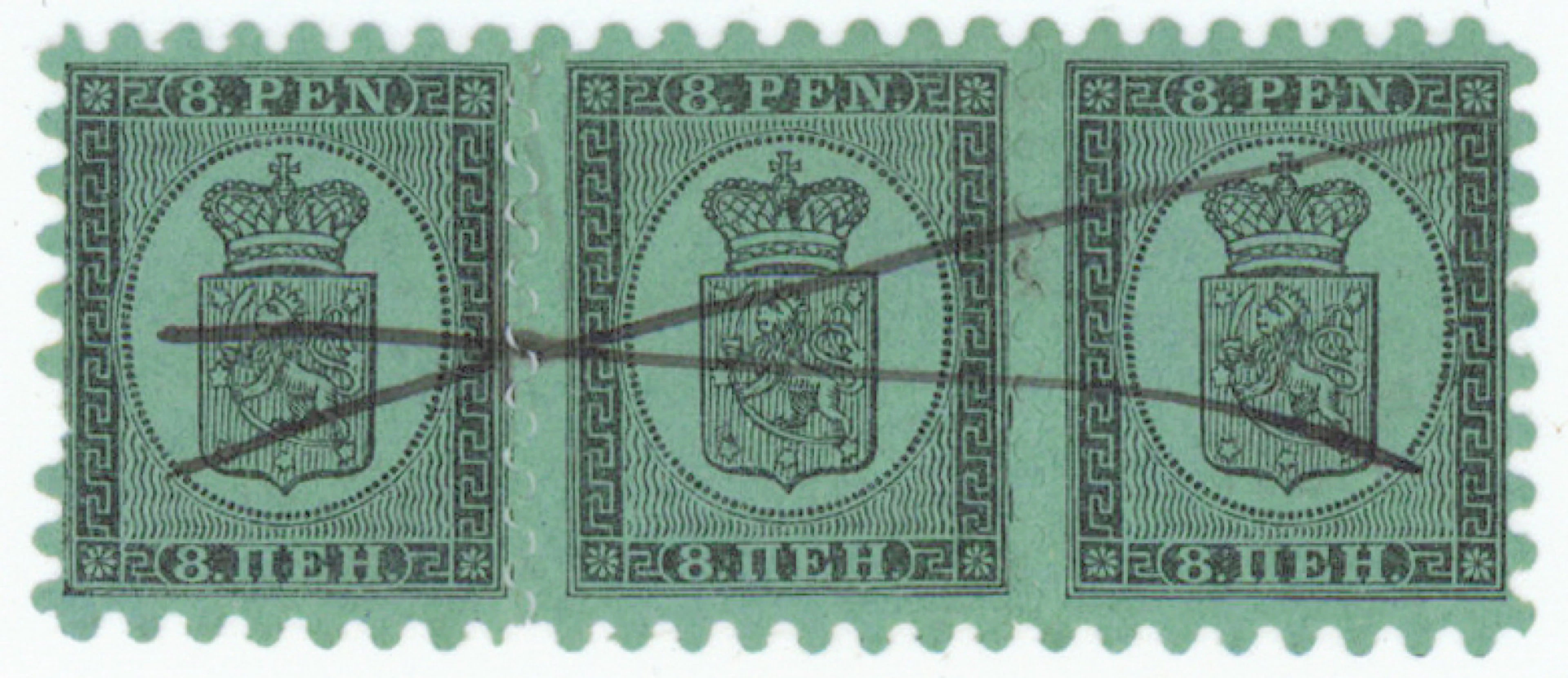 8 penni I yellow-green ordinary paper, strip of three, plate positions