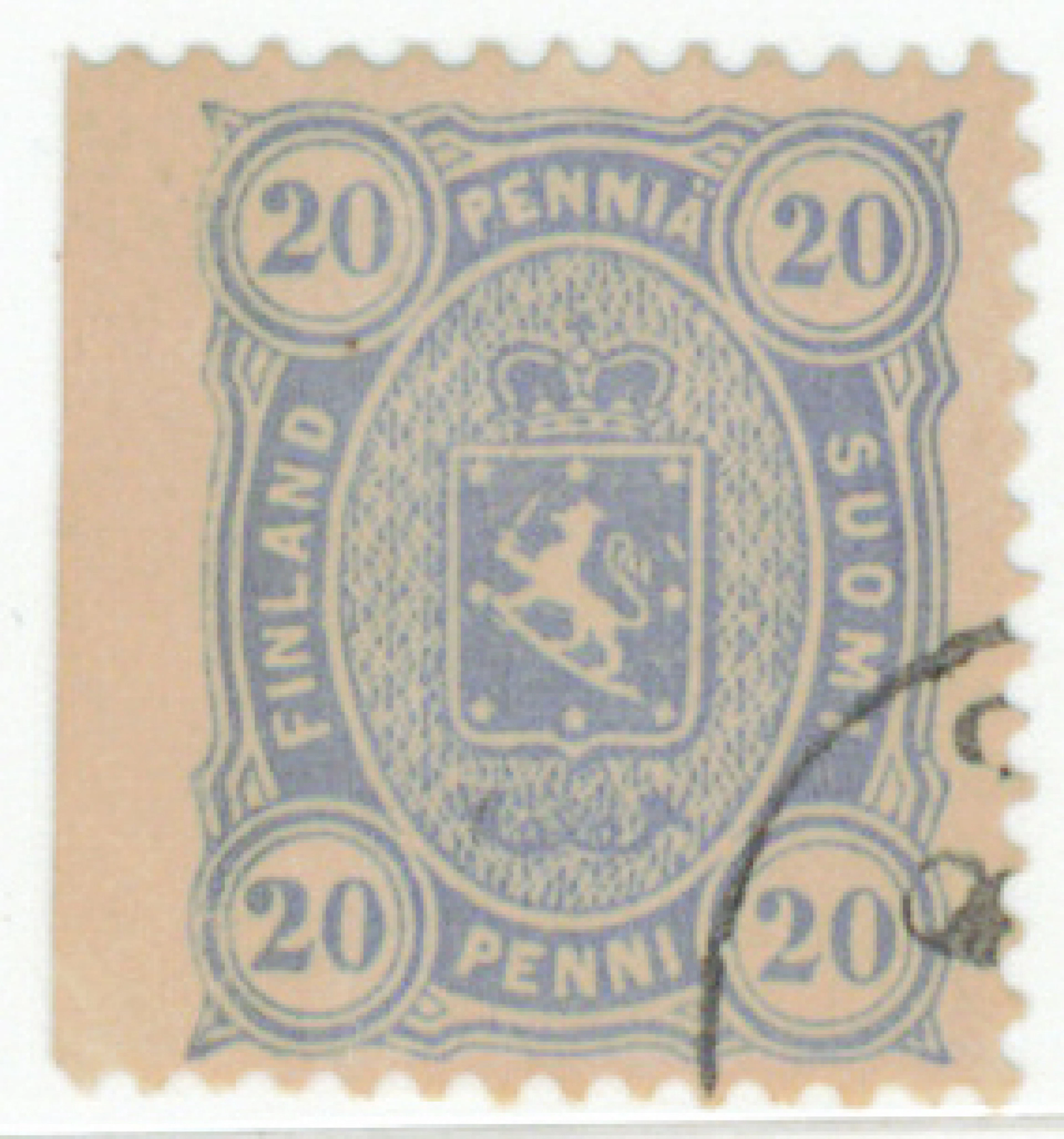 20 penni gray-ultramarine, left side IMPERFORATE. Neat corner cancellation.