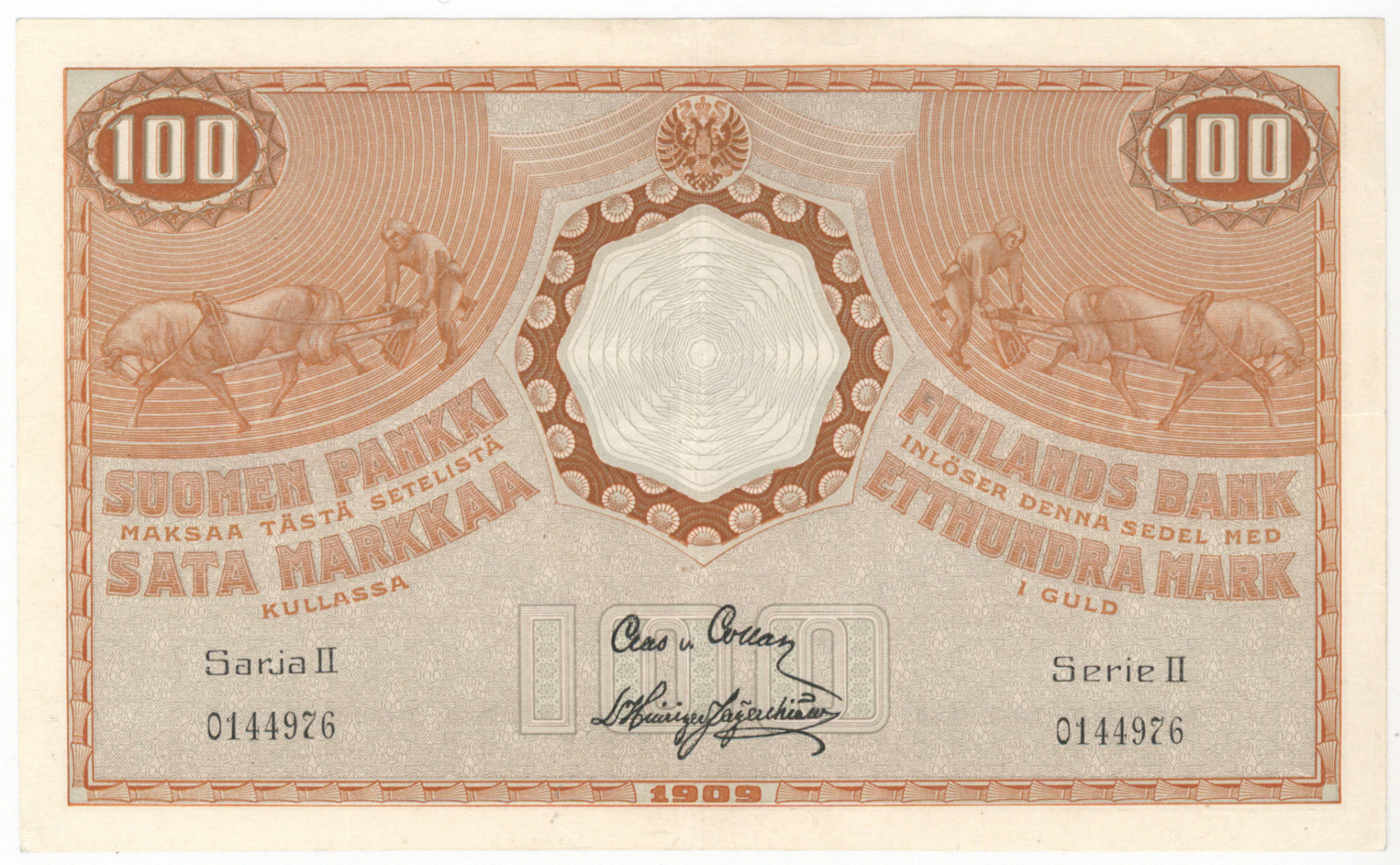 1909 100 markka Series II, condition 1.