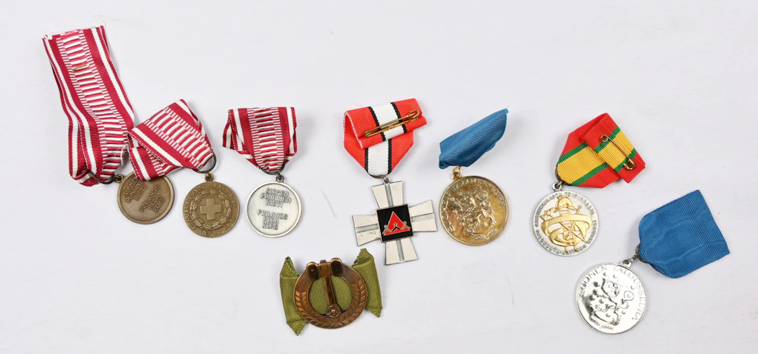 Police etc. rings and some pin as well as merit badges or similar selection.