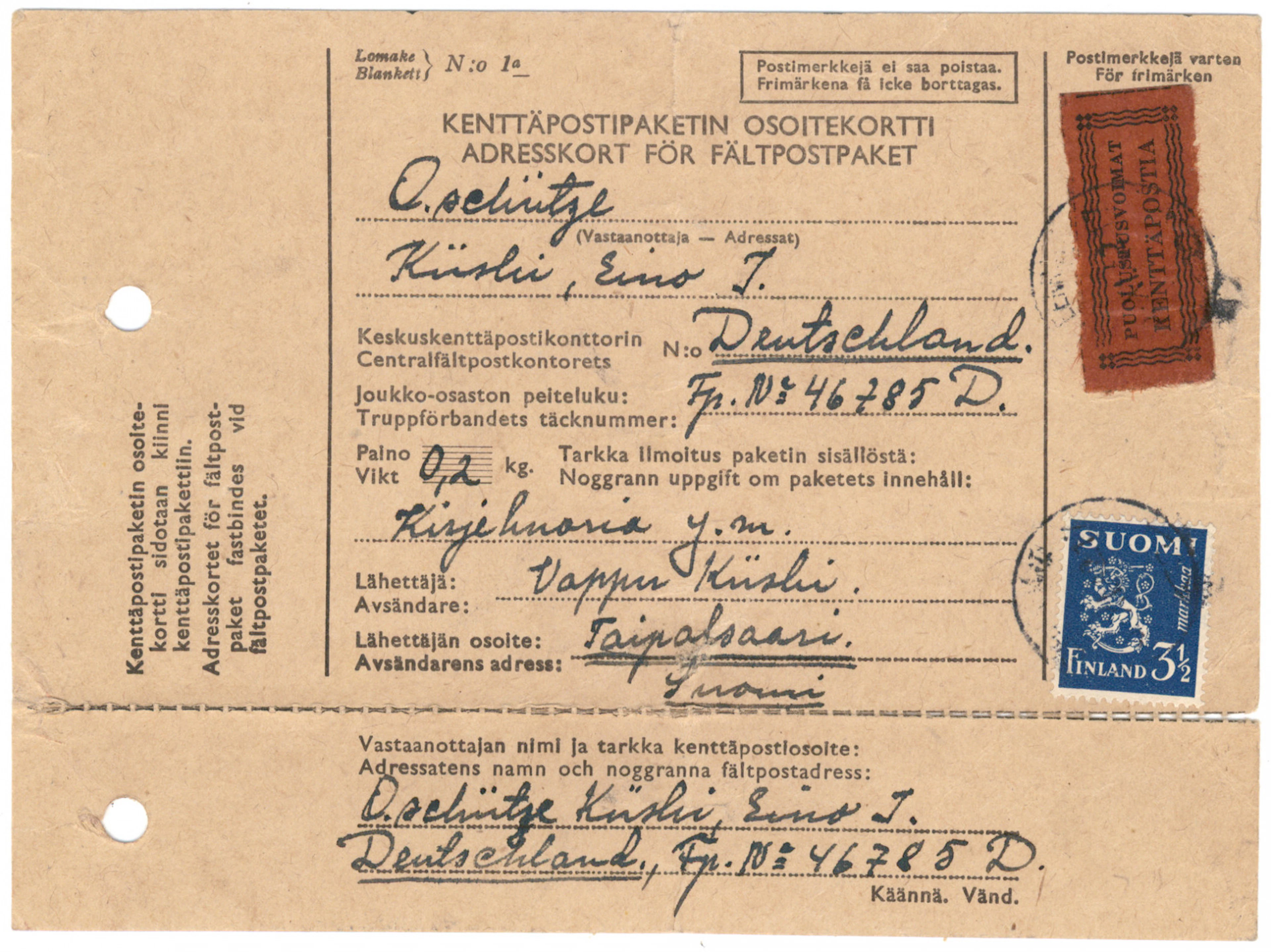 SS volunteer mail: field post parcel dispatch note to the Finnish