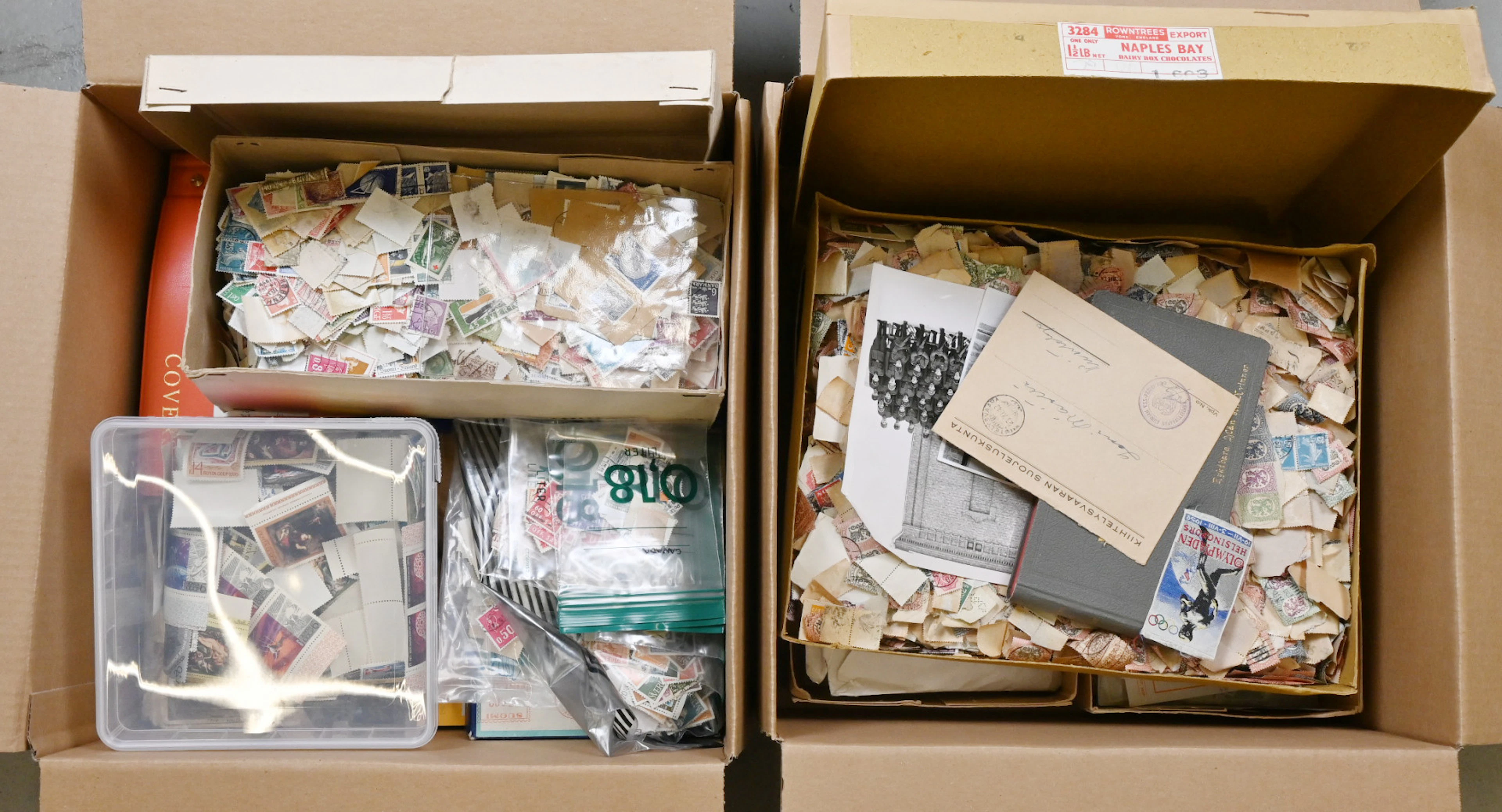 Discovery lot of Finnish and foreign philately in over 5 KG box. Including