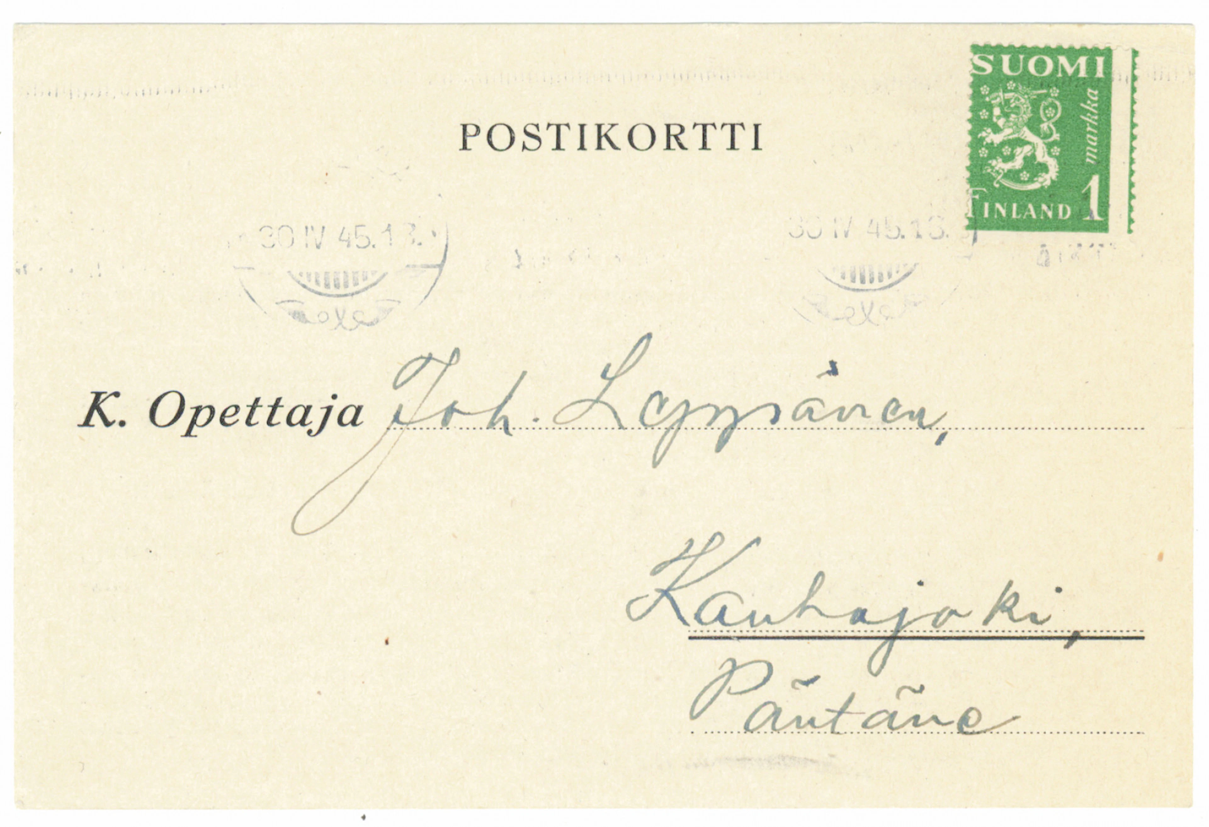 1 markka green with large shifted perforation on a postcard 1945.