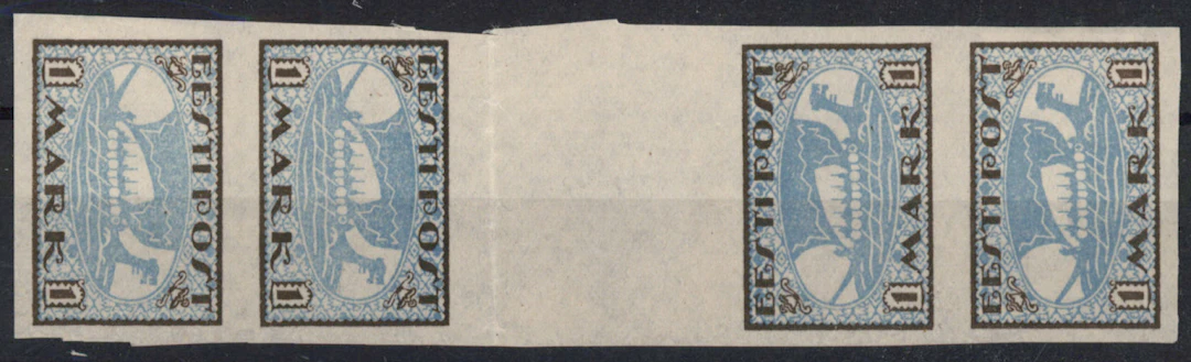 1919 Viking ship 1 markka Mi 12x K, rare TÊTE-BÊCHE STRIP OF FOUR