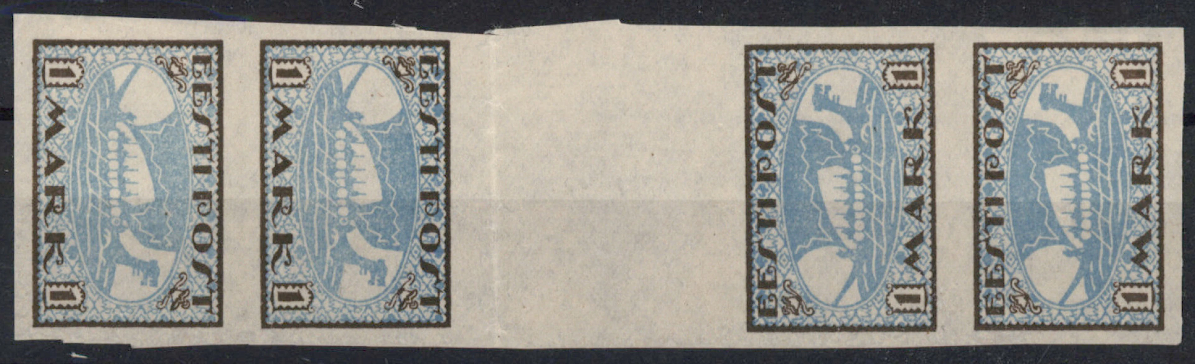 1919 Viking ship 1 markka Mi 12x K, rare TÊTE-BÊCHE STRIP OF FOUR