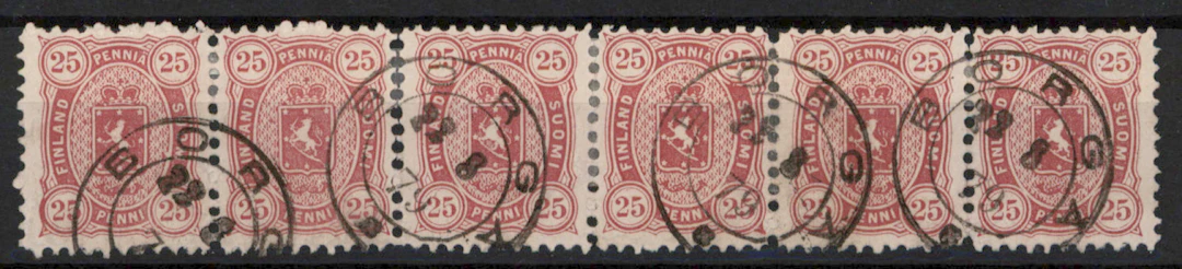 25 penni reddish carmine, magnificent and rare strip of six Borgå