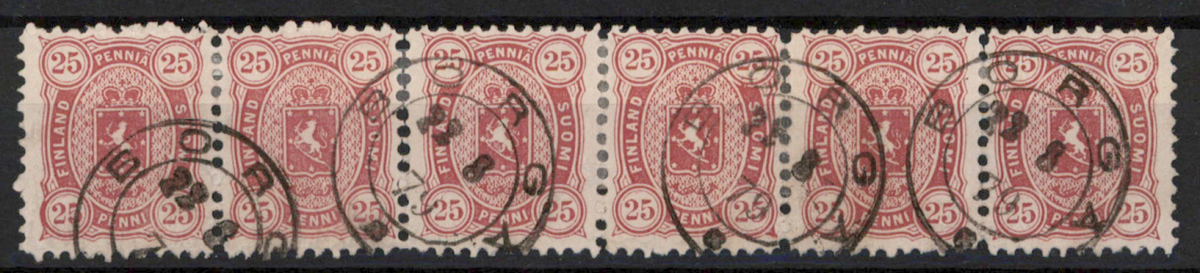 25 penni reddish carmine, magnificent and rare strip of six Borgå