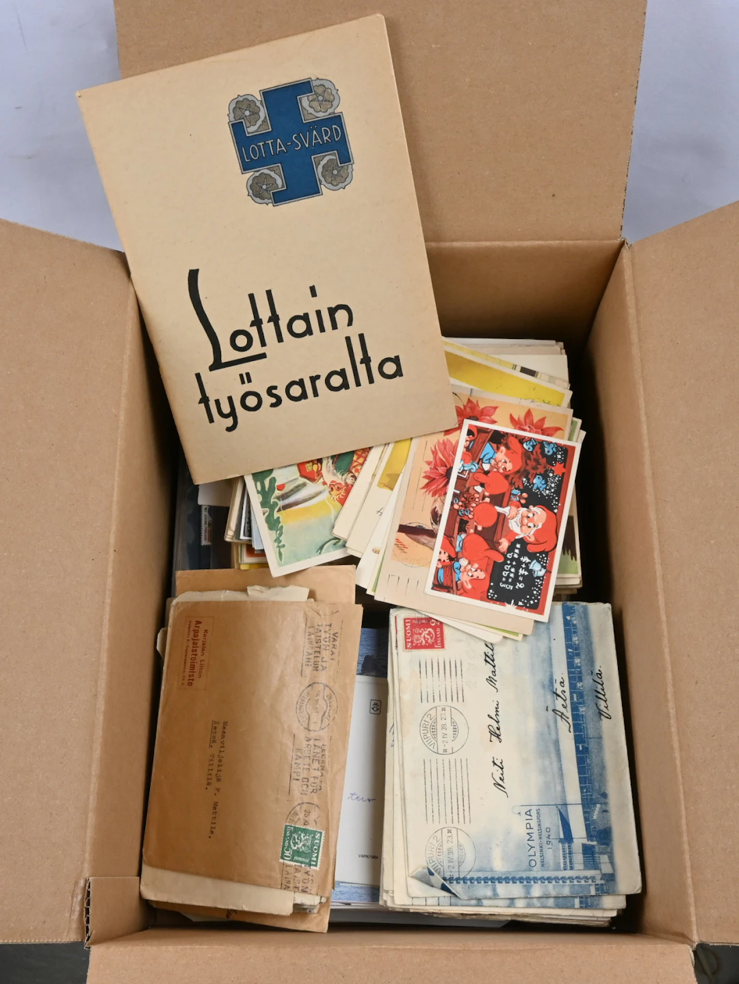 Box including selection of mixed material: cards, first day covers