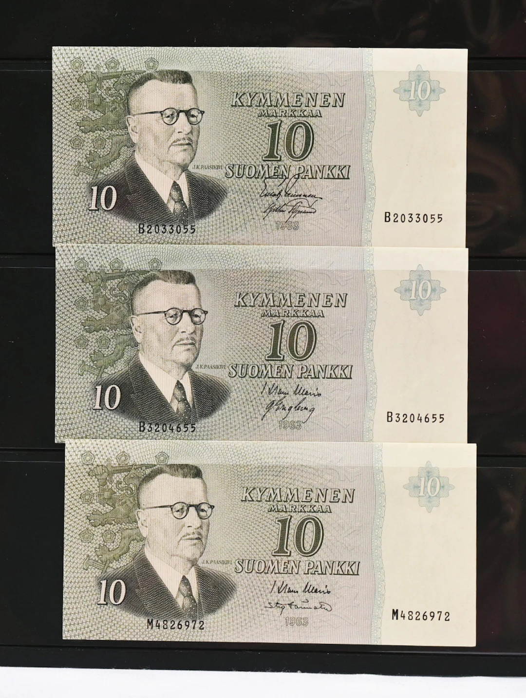 1963 10 markka series B J K M. Total of six banknotes, condition 01-0
