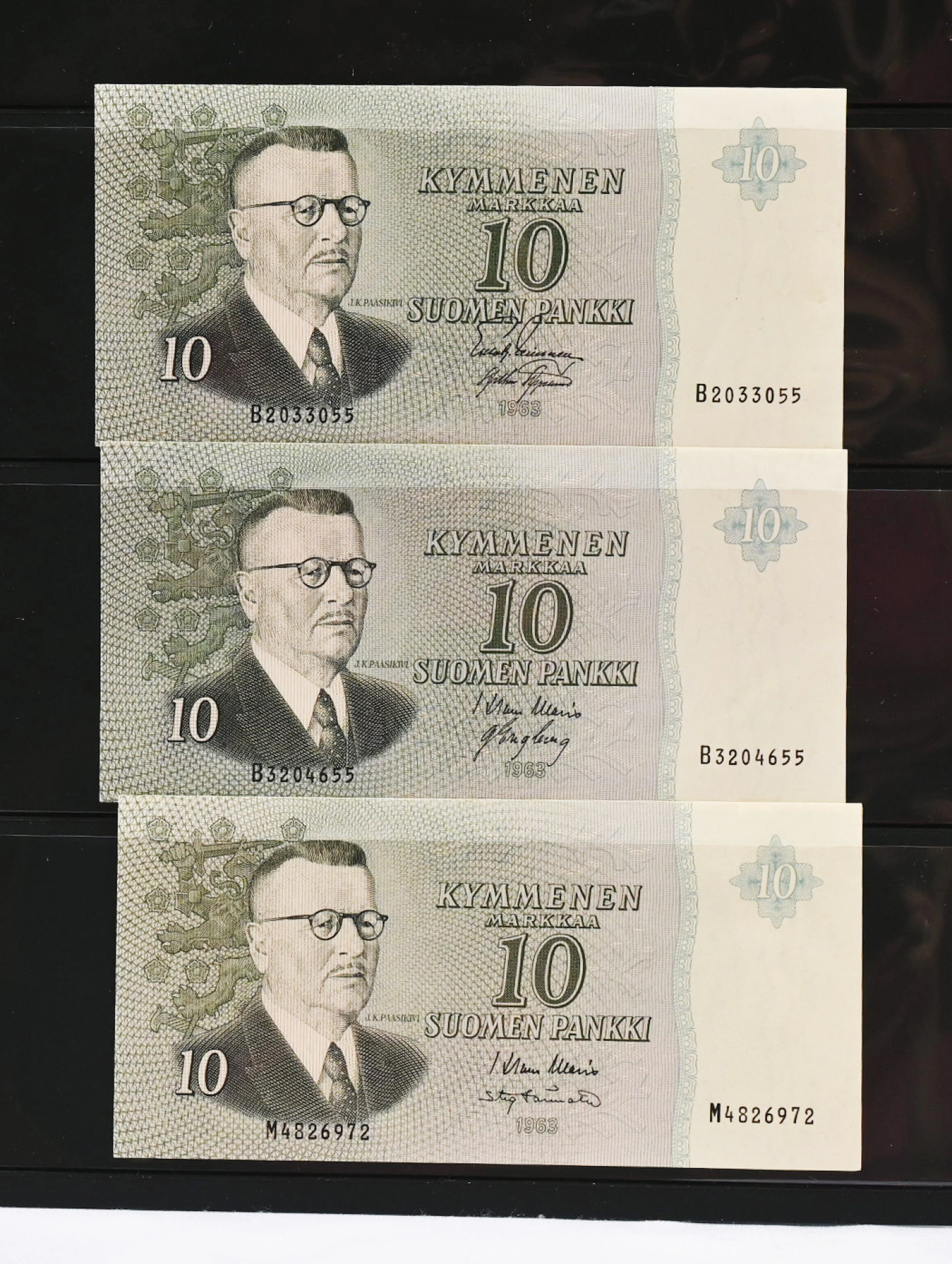 1963 10 markka series B J K M. Total of six banknotes, condition 01-0