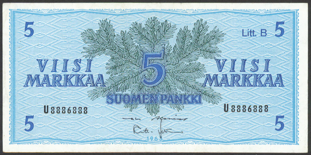 1963 5 markka Litt. B serial number U8886888, condition 1