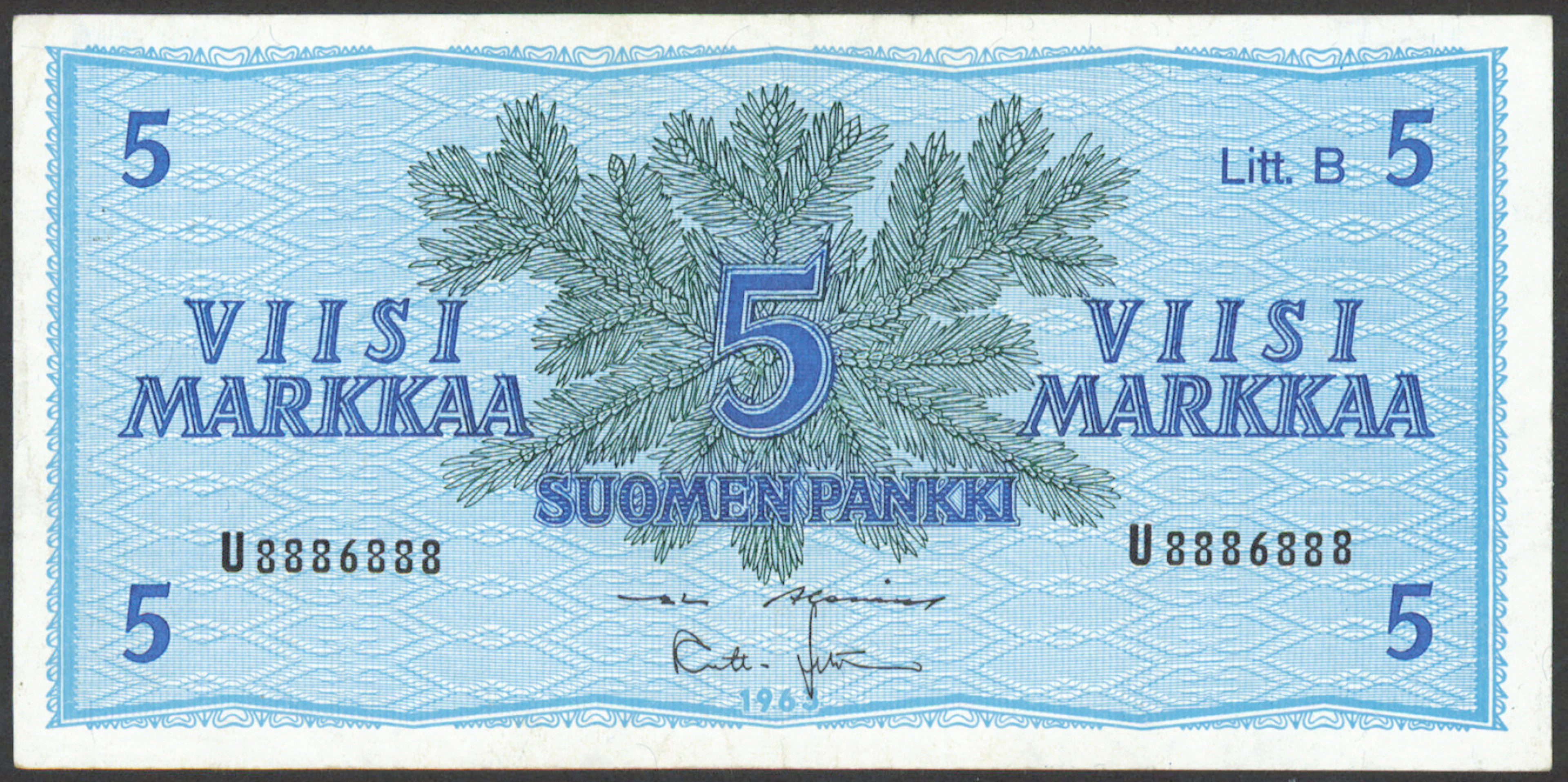 1963 5 markka Litt. B serial number U8886888, condition 1