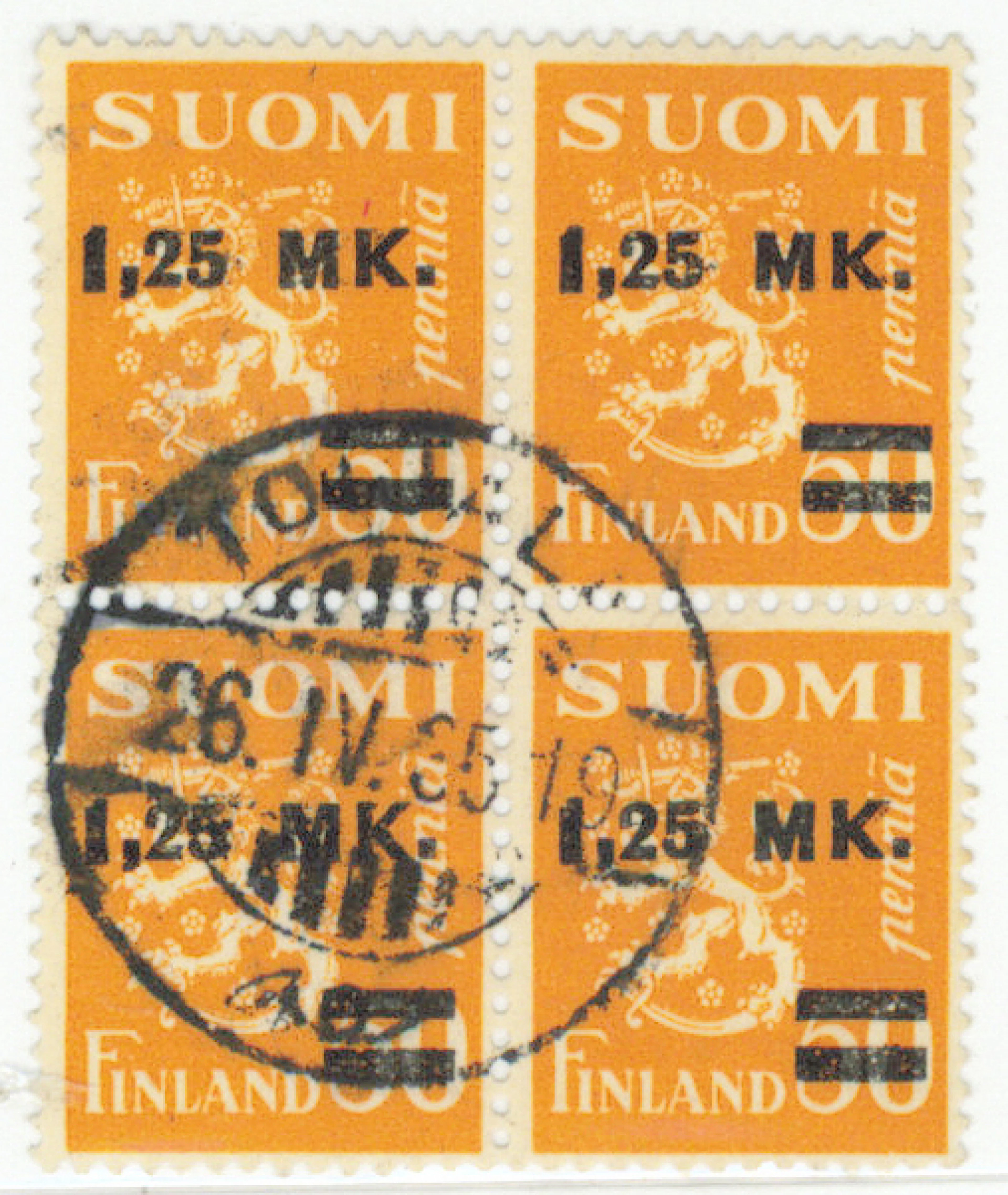 1.50 markka / 25 penni overprint type II, beautiful used block of