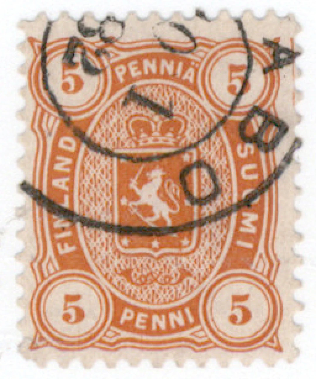 5 penni orange perforation 12½, beautiful used Åbo 10.1.1882. Certificate: