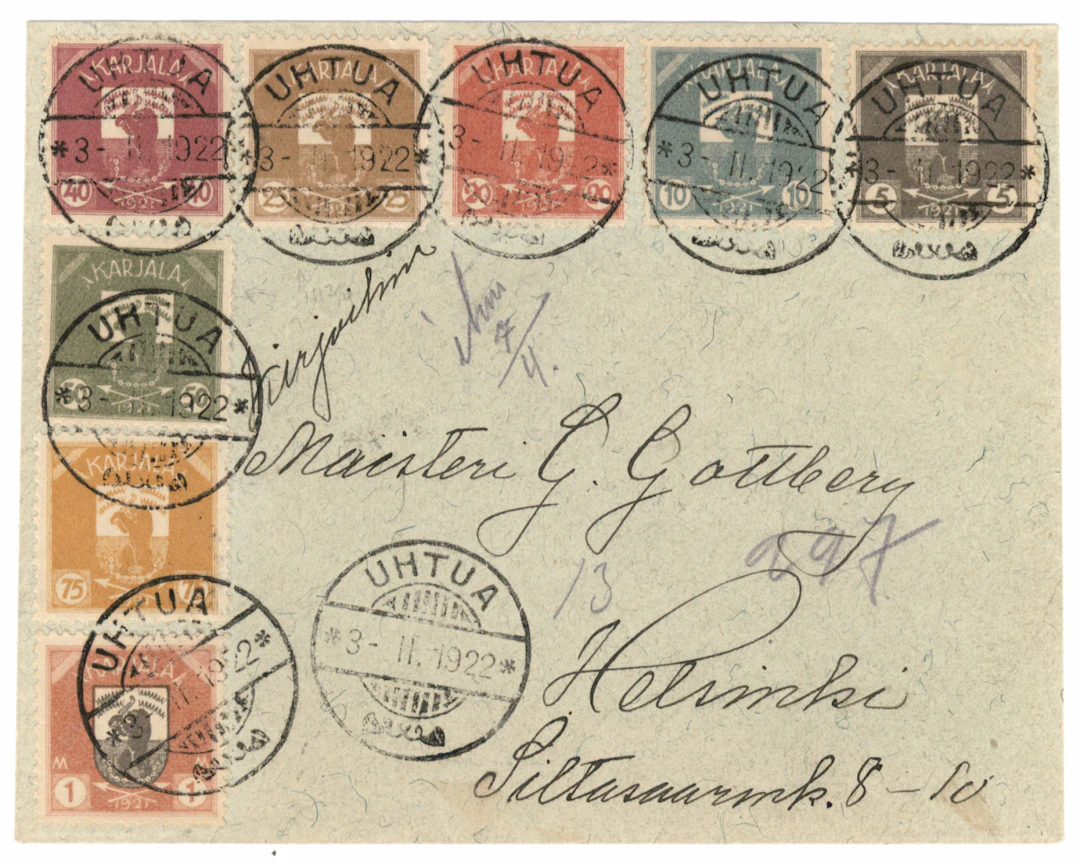 5 penni - 1 markka (8 pieces) on a fine cover Uhtua 3.2.1922. The