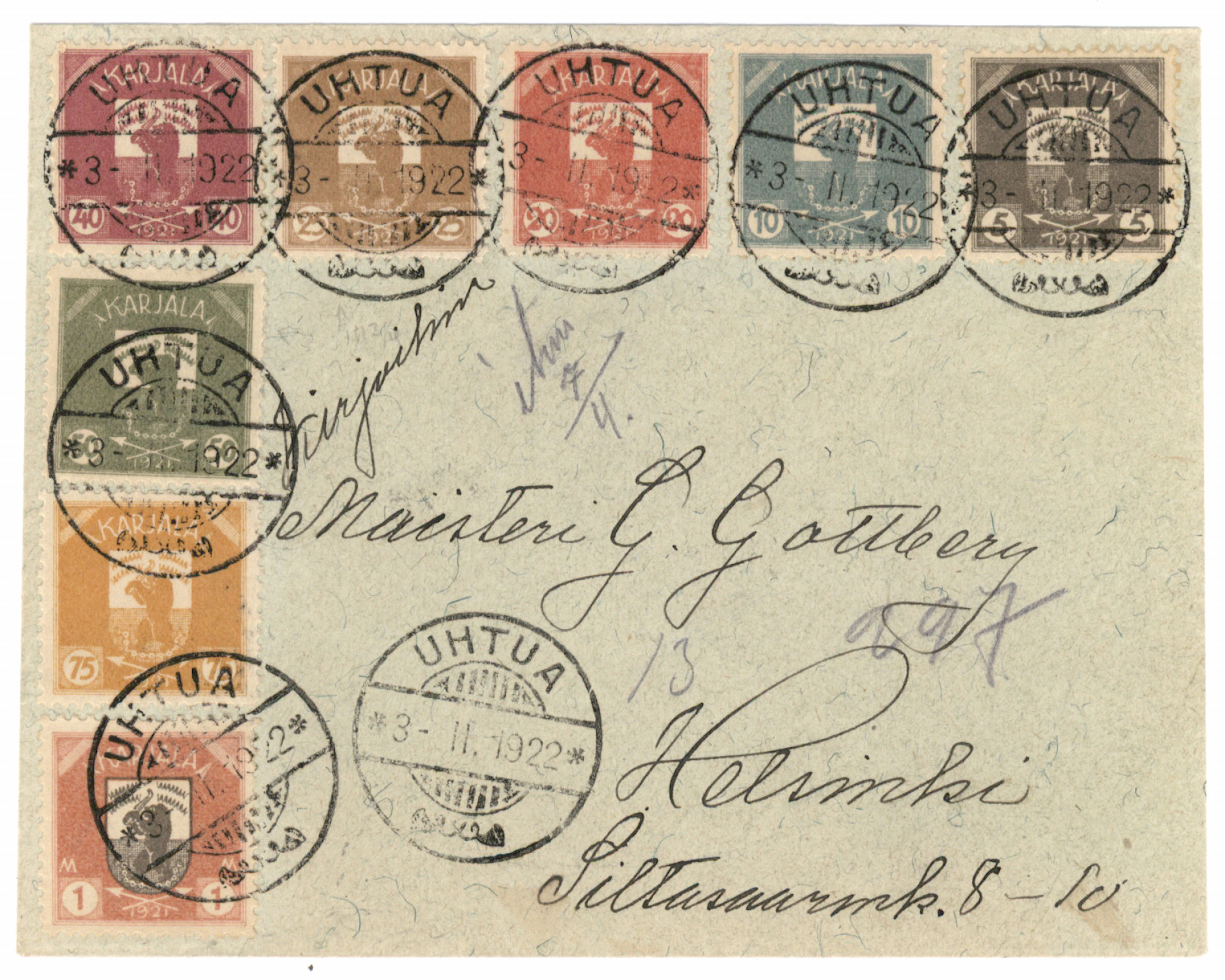 5 penni - 1 markka (8 pieces) on a fine cover Uhtua 3.2.1922. The