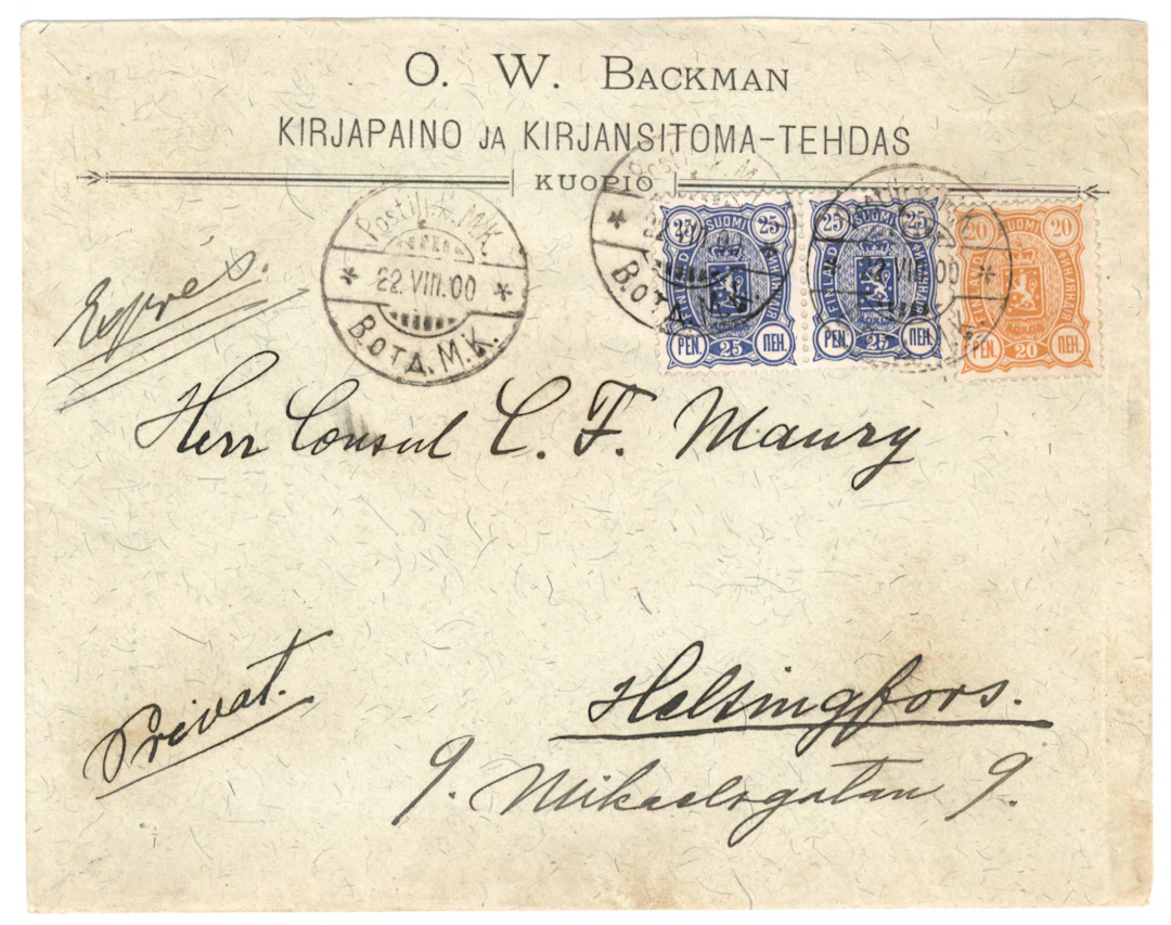 20 penni B and 25 penni B pair on a rare and beautiful express cover