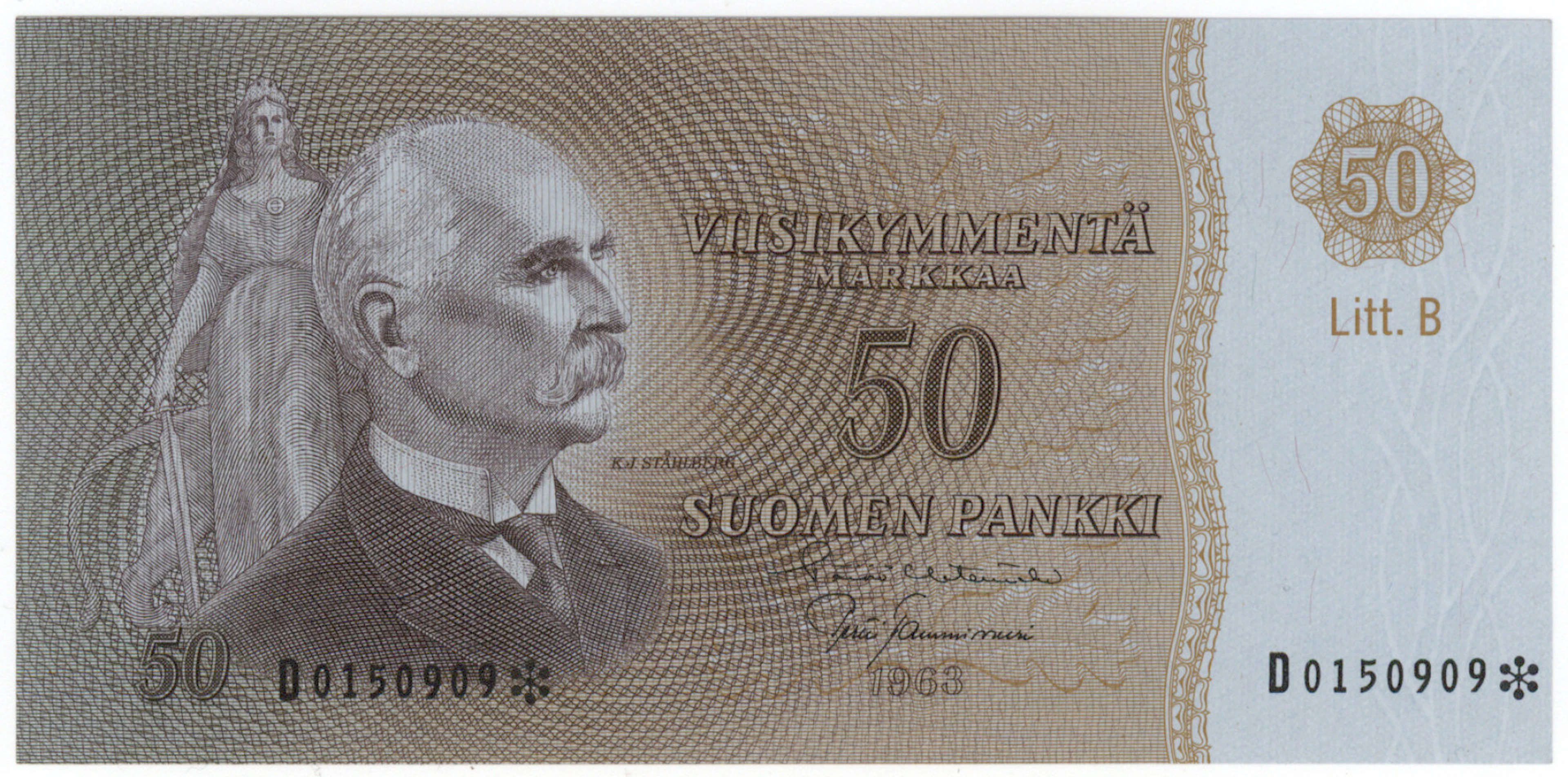1963 50 markka Litt.B D0150909* HET/Tam. No strong creases. Condition 01.