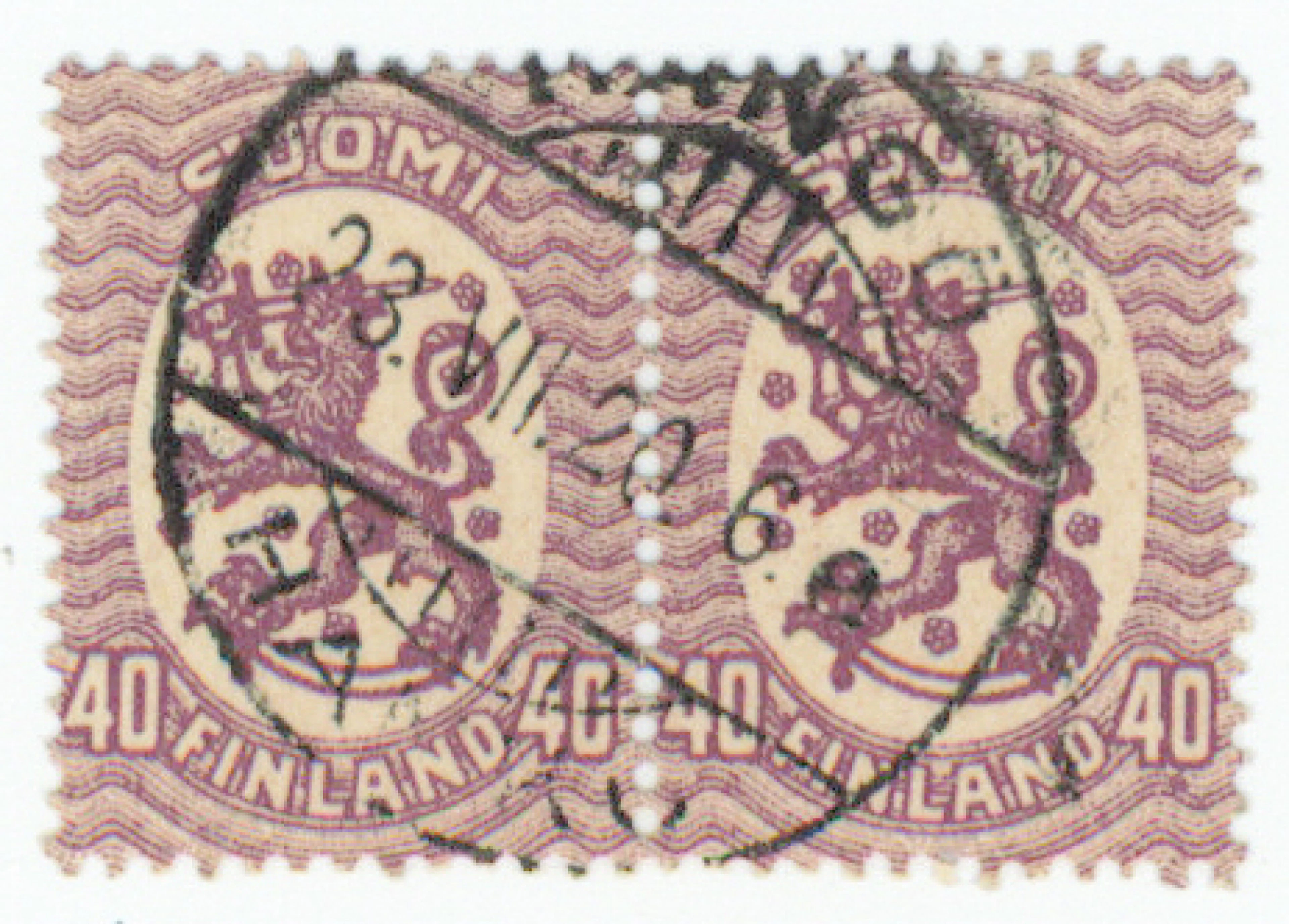 1919 40 penni B dull lilac, rare pair Hanko 23.7.1920. In the bottom