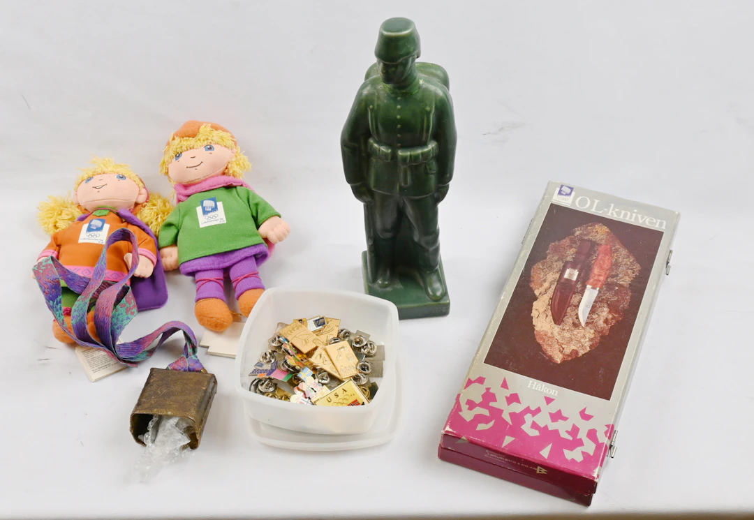 Olympics, sports and other collectibles selection in a box eg. Jaeger