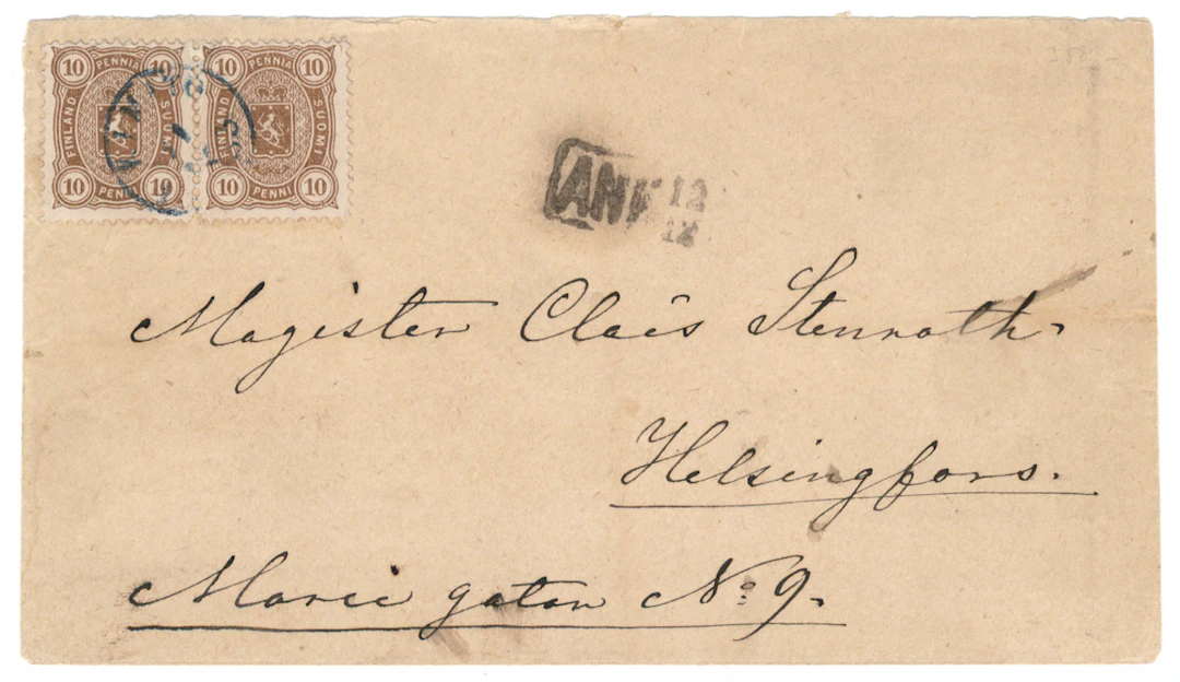 10 penni yellow-brown pair on a cover, beautiful Kimito 11.12.1883