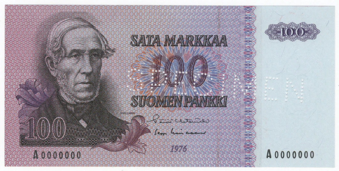 1976 100 markka Specimen perfin banknote! Condition 0-