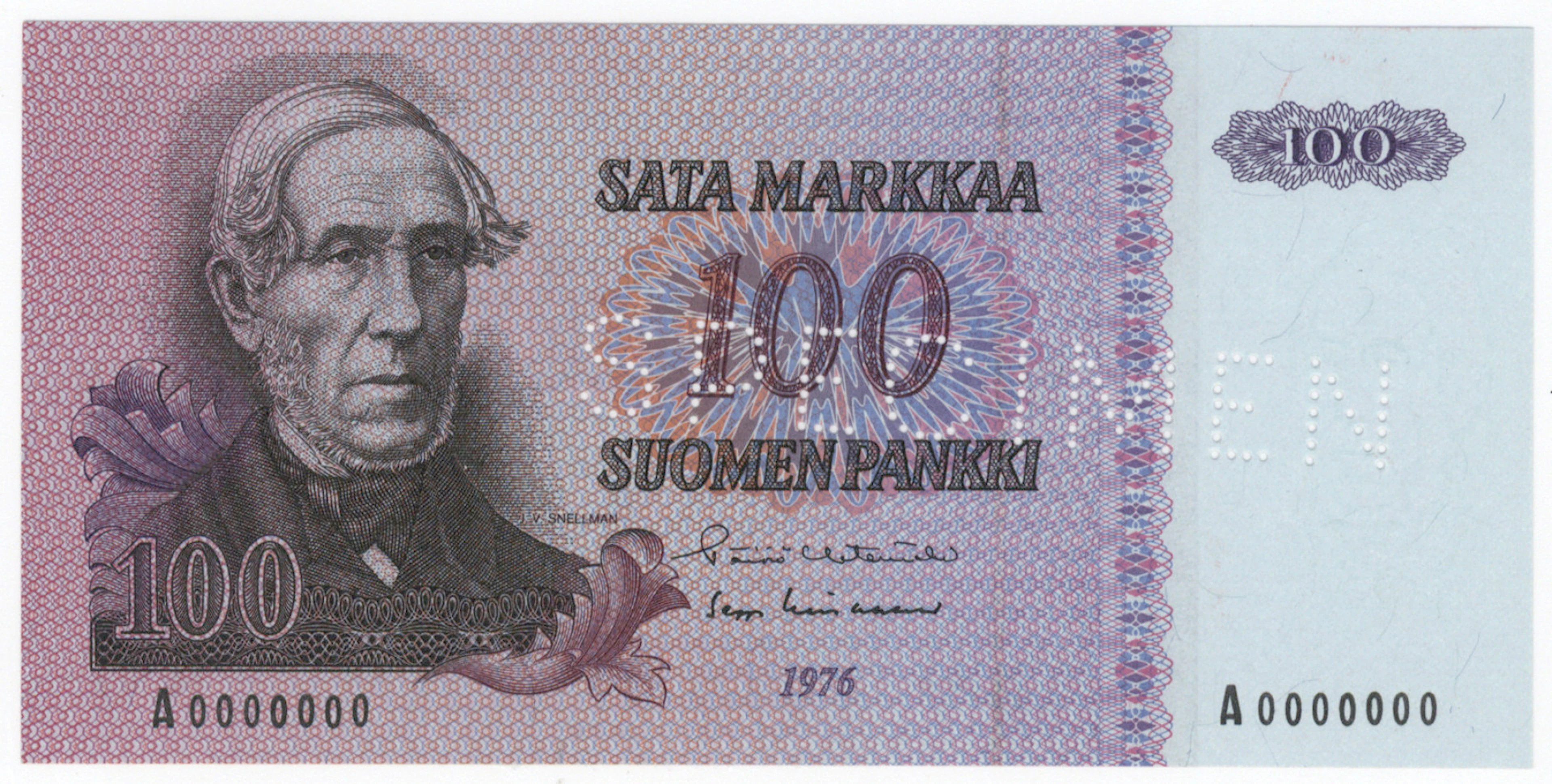 1976 100 markka Specimen perfin banknote! Condition 0-