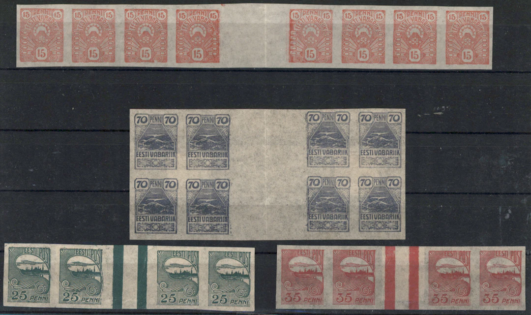 1919 - 1920 four different gutter strips / multiples: Mi 9 **, 11