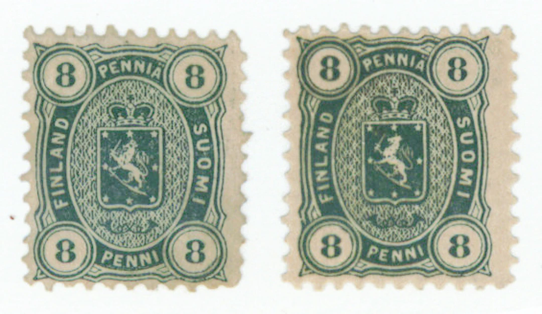 8 penni dark green, two mint * stamps, one with so-called ”oily printing”.